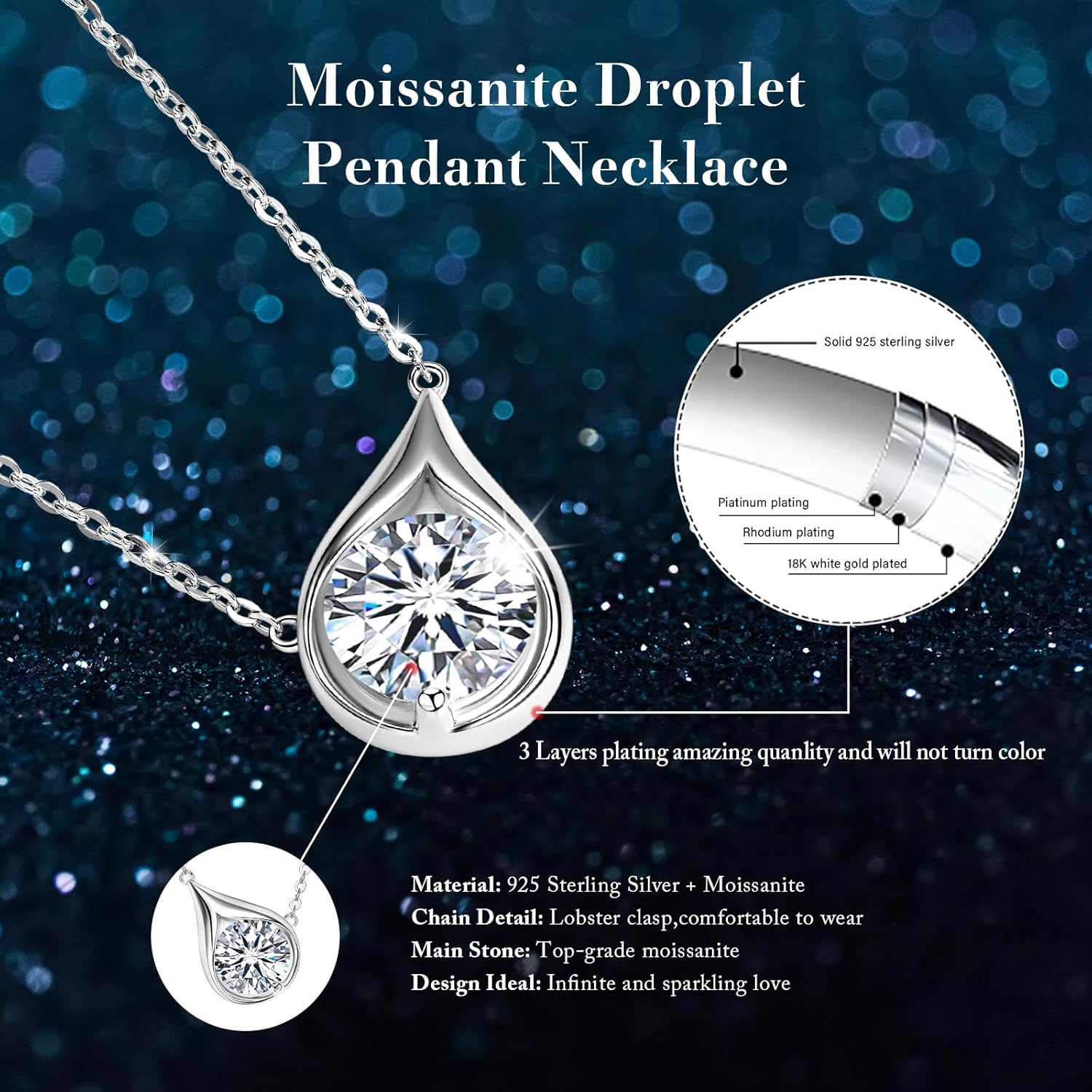 Moissanite Necklaces for Women, 1CT/2CT/3CT Solitaire Pendant with D Color VVS1 Clarity Lab Created Imitation Diamond 925 Sterling Silver Jewelry with Certificate of Authenticity - Image 2