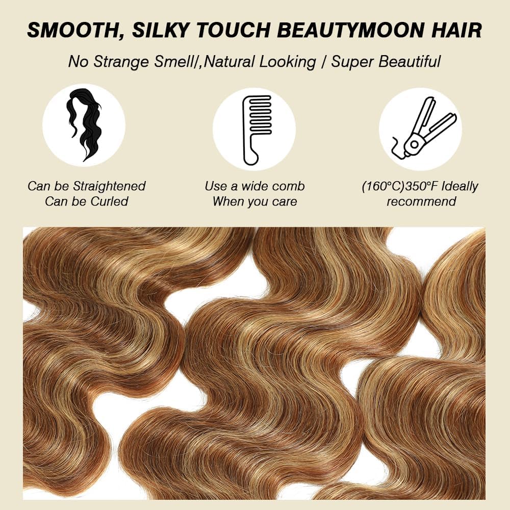 Ombre Highlight Body Wave Bundles Human Hair Honey Blonde 3 Bundles Human Hair 18 20 22 Inch Soft and Healthy 100% Unprocessed Brazilian Virgin Remy Hair Double Weft for Black Women p4-27