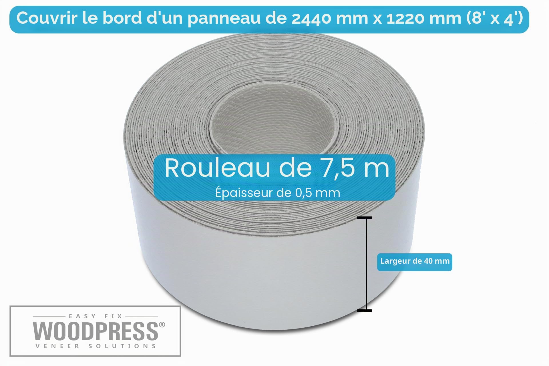 Mélamine Gris Perle Bande de Chant en Placage Préencollé - Rouleau de 7,5 m Disponible en largeurs de 15 mm, 19 mm, 22 mm, 30 mm et 50 mm (40 mm)
