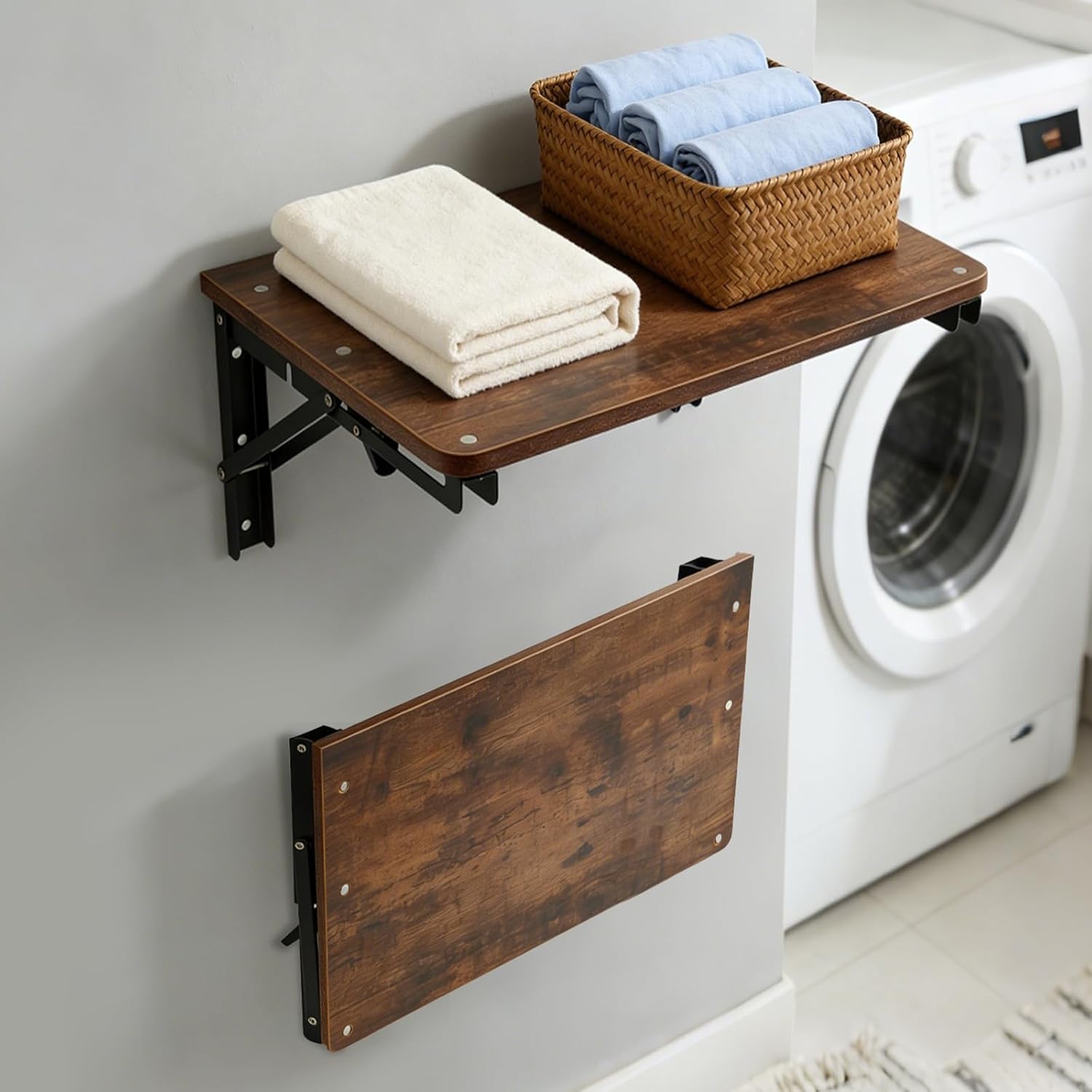 Wooden Folding Shelf Wall Mounted for Small Space, Wall Table for Living Room Bedroom Decor, Home Office Floating Fold Down Desk, Media Shelves with Heavy-Duty Brackets Holds Up to 30lbs, 16.5"*11.8"