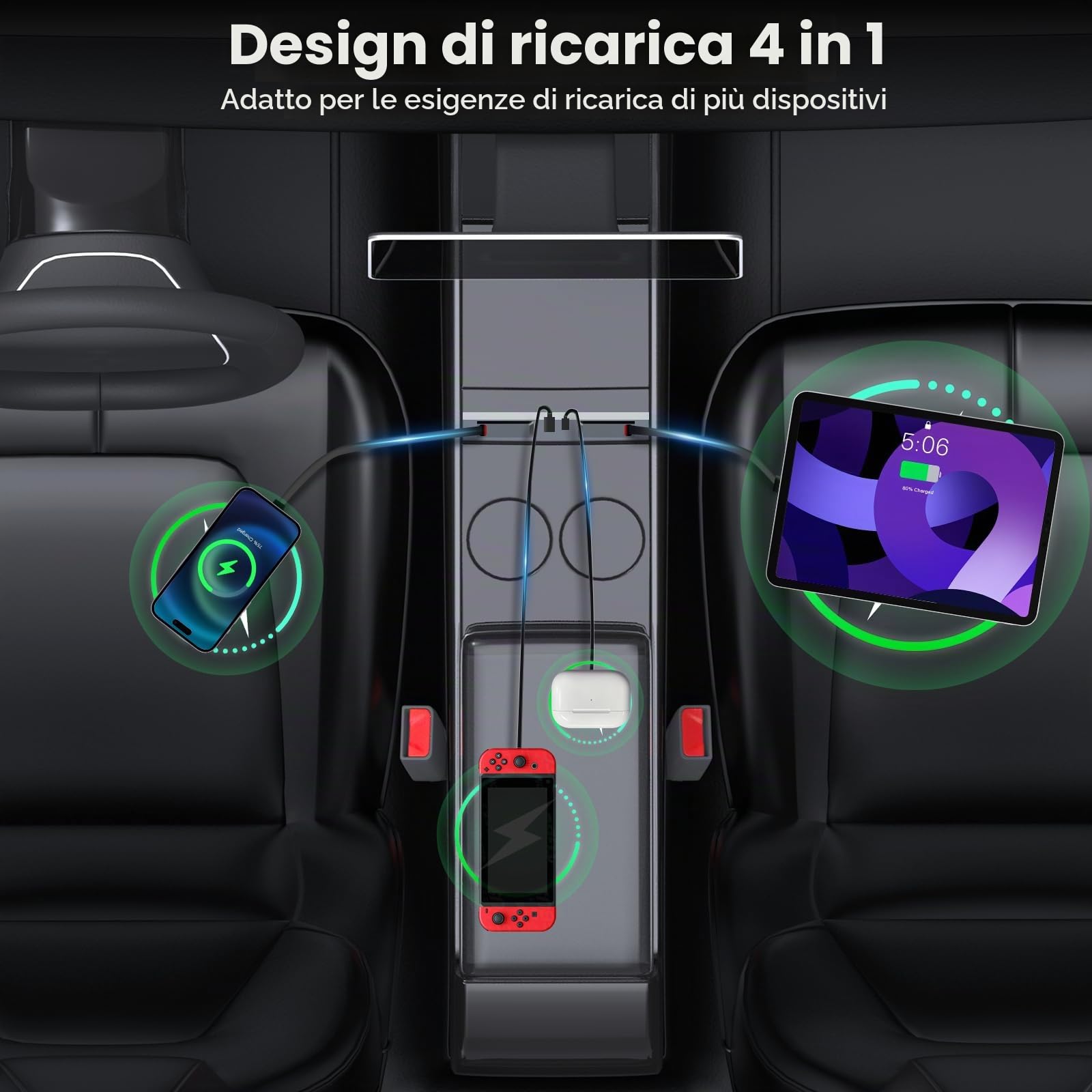 Hub di ricarica USB compatibile con Tesla Model 3 Highland 2024-2025/Model Y Juniper 2025+, 65W Caricabatterie per telefono retrattile a 4 porte Cavi di ricarica rapida per console centrale
