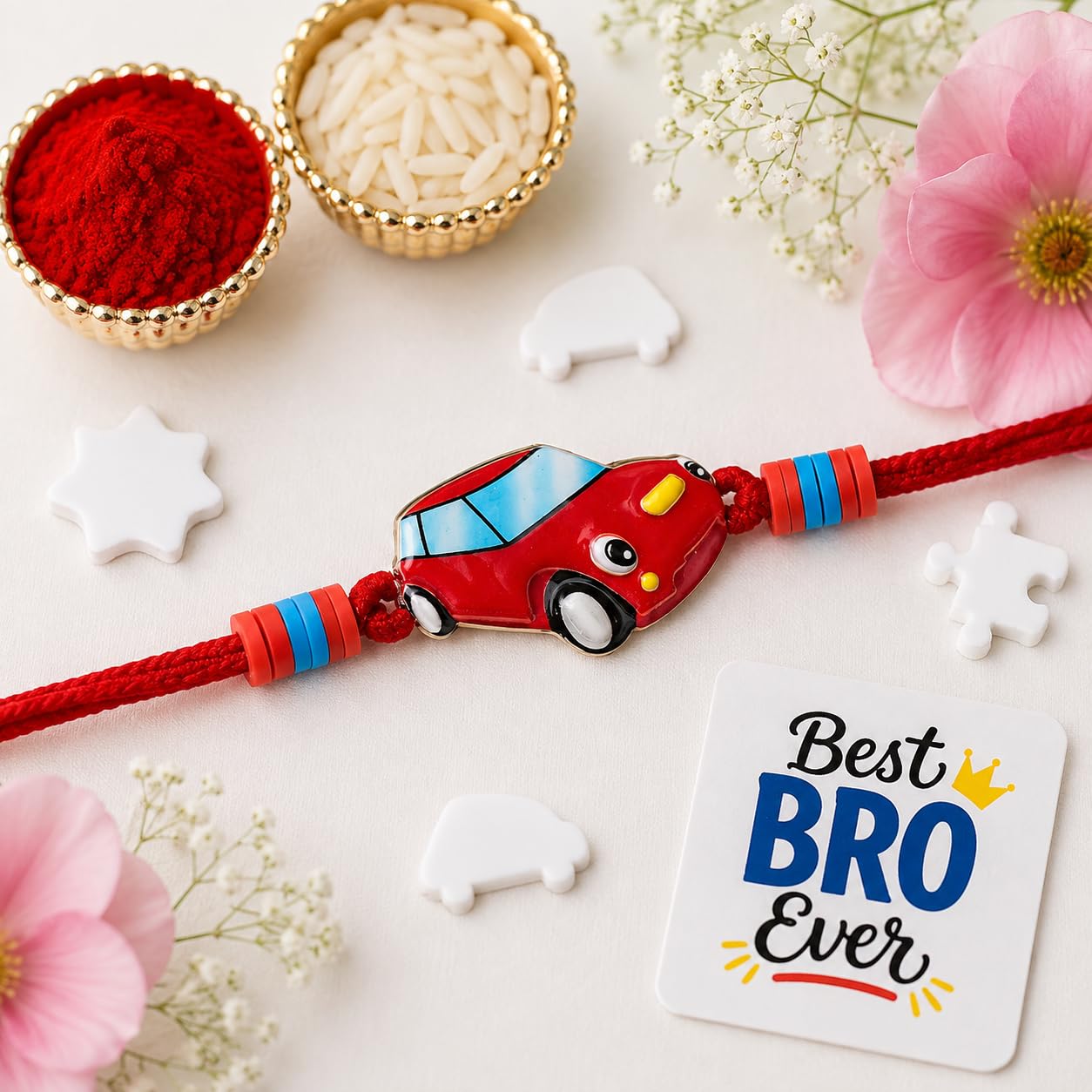 eCraftIndia Cartoon Car Rakhi for Kids Brother Boys Girls Sister | Raksha Bandhan Kids Rakhi for Brother Bhai Bhaiya | Best Bro Ever Fridge Magnet | Roli Chawal Pack