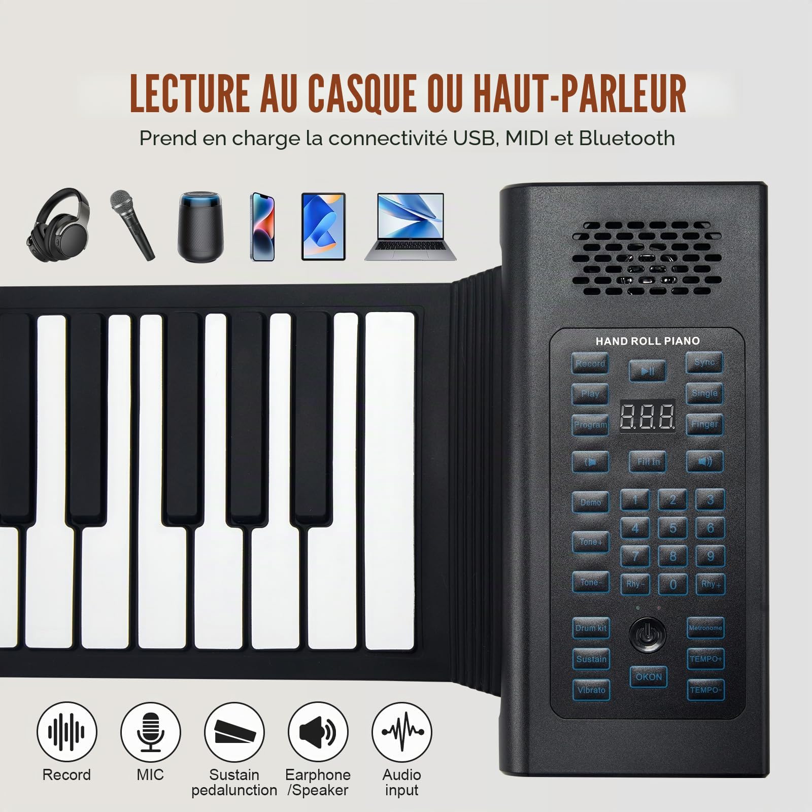 VEVOR Clavier Piano Enroulable 88 Touches, 128 Rythmes et 128 Tons, Piano Numérique Rechargeable Portable avec Haut-parleur 2 W, Ecran LED, 5 Ports, Fonction MIDI, pour Enfants, Débutants, Adultes