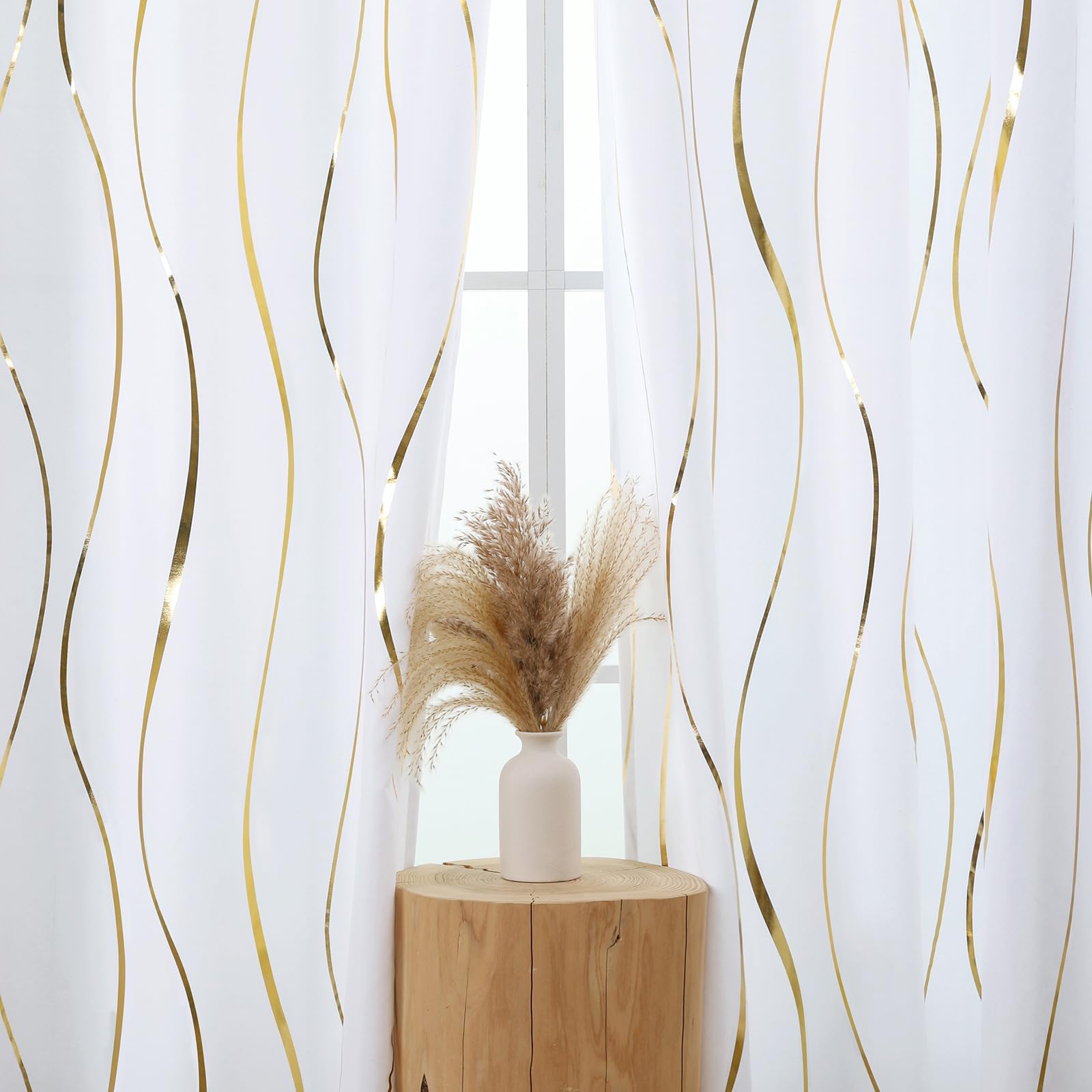 L.Z.E Vorhang Sichtschutz Gold Weiss, Gardinen Gold Weiß für Wohnzimmer Schlafzimmer, Ösen Vorhänge mit Wellenmuster, 2er Set Lichtdurchlässig Fenster Gardine (LZE2251E-WG225)
