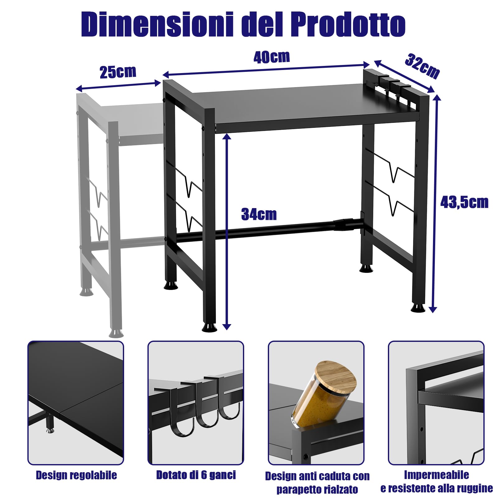 Scaffale Microonde Regolabile VIPNAJI - Ripiano Cucina Salvaspazio, Acciaio Carbonio, Con Ganci - Foto 6