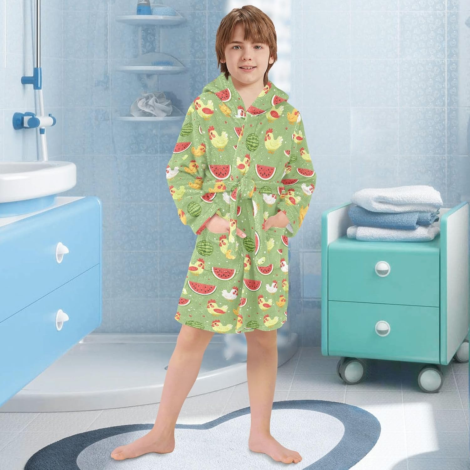 senya Chicken Eat Watermelon Toddler Hooded Bathrobe Kids Soft Plush Bath Towel Robes for Boys Girls 2-12 Years