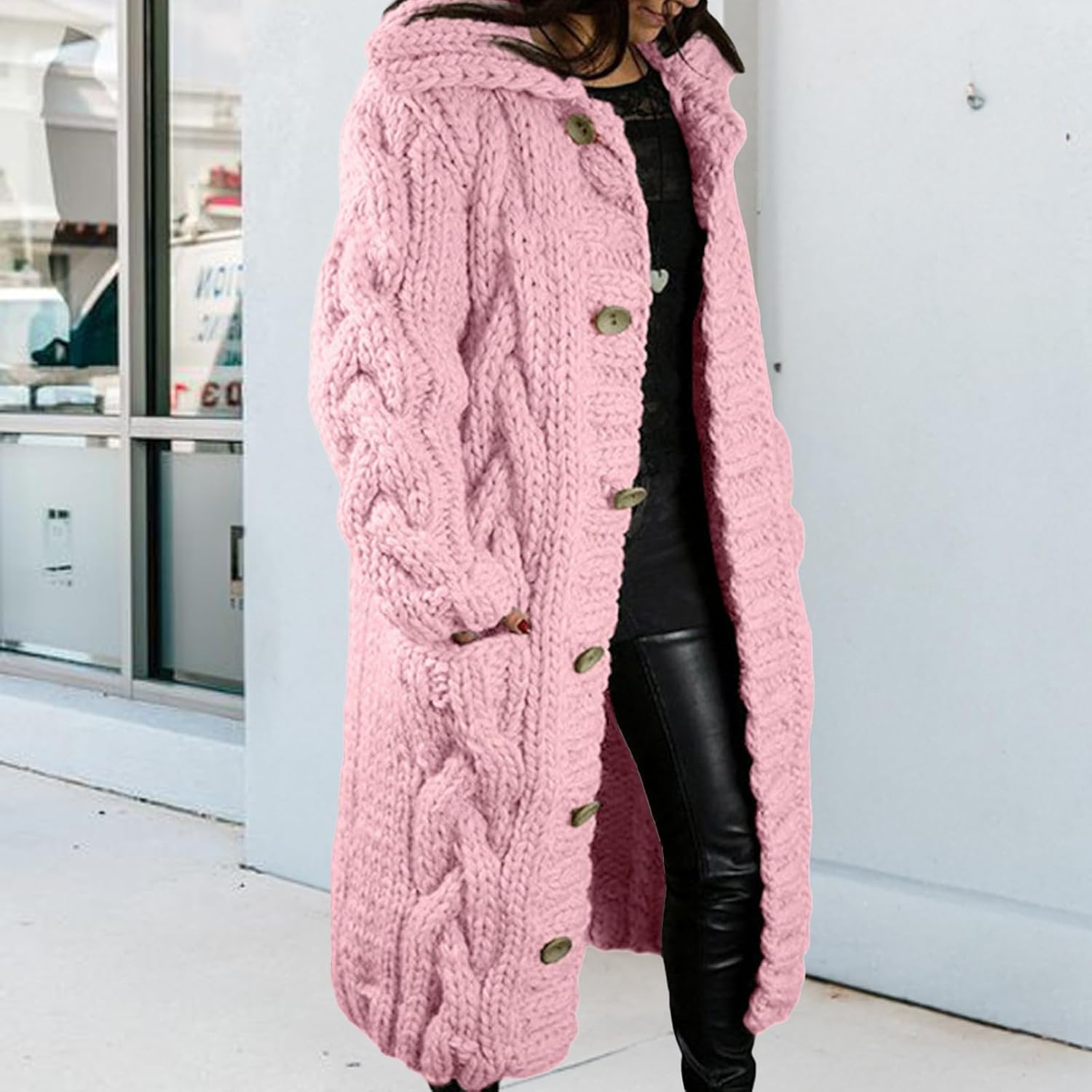 Long Cardigan Sweaters for Womens Fall Cable Knit Casual Coats Long Sleeve Button Open Front Winter Plus Size Sweater - Image 4