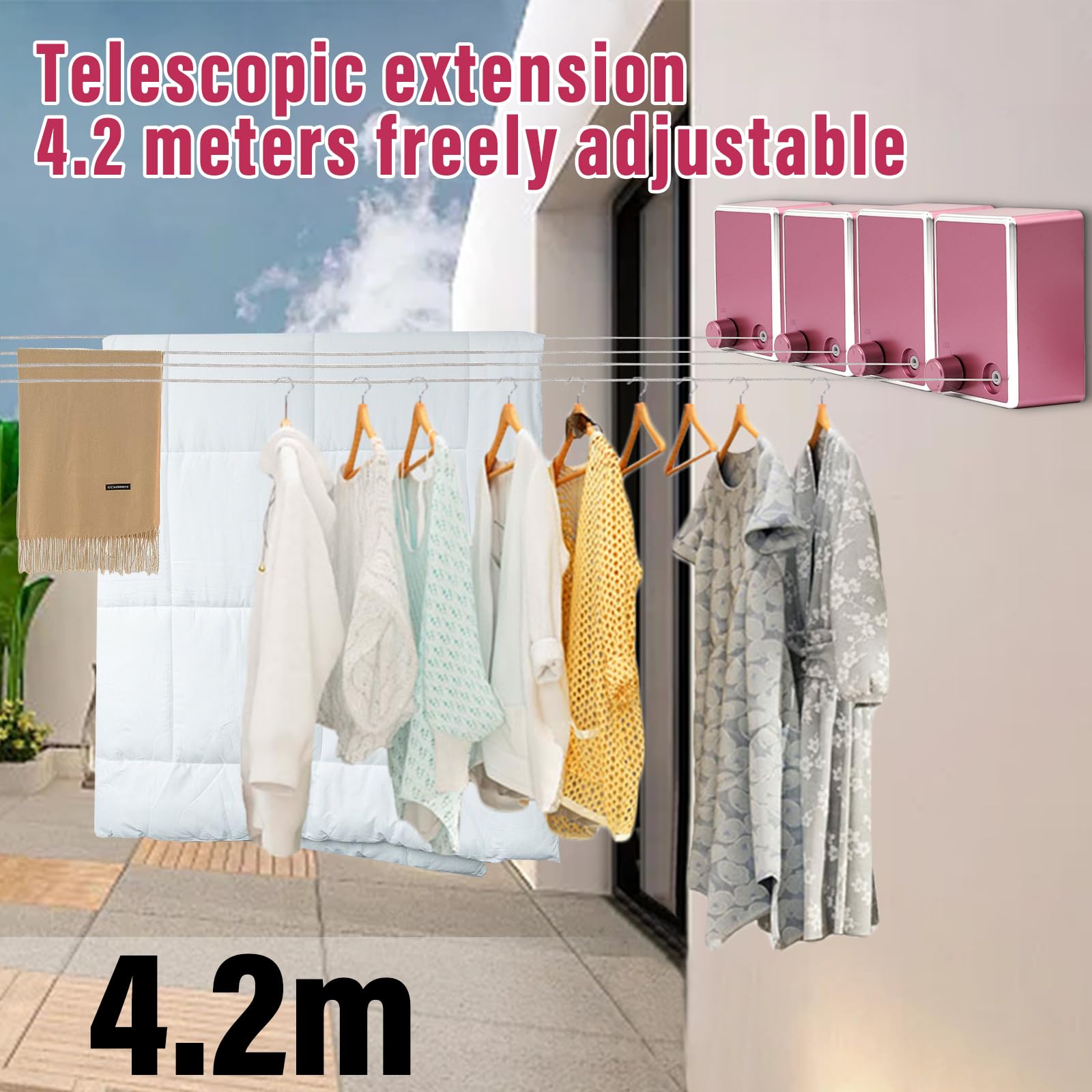 MUALROUS 4 Sets of Clothesline Extendable Adjustable Tightness Retractable Washing Line Wall Mounted High Performance Washing Line for Indoor Use Up to 4.2 m Long Washing Line (Pink) - Image 2