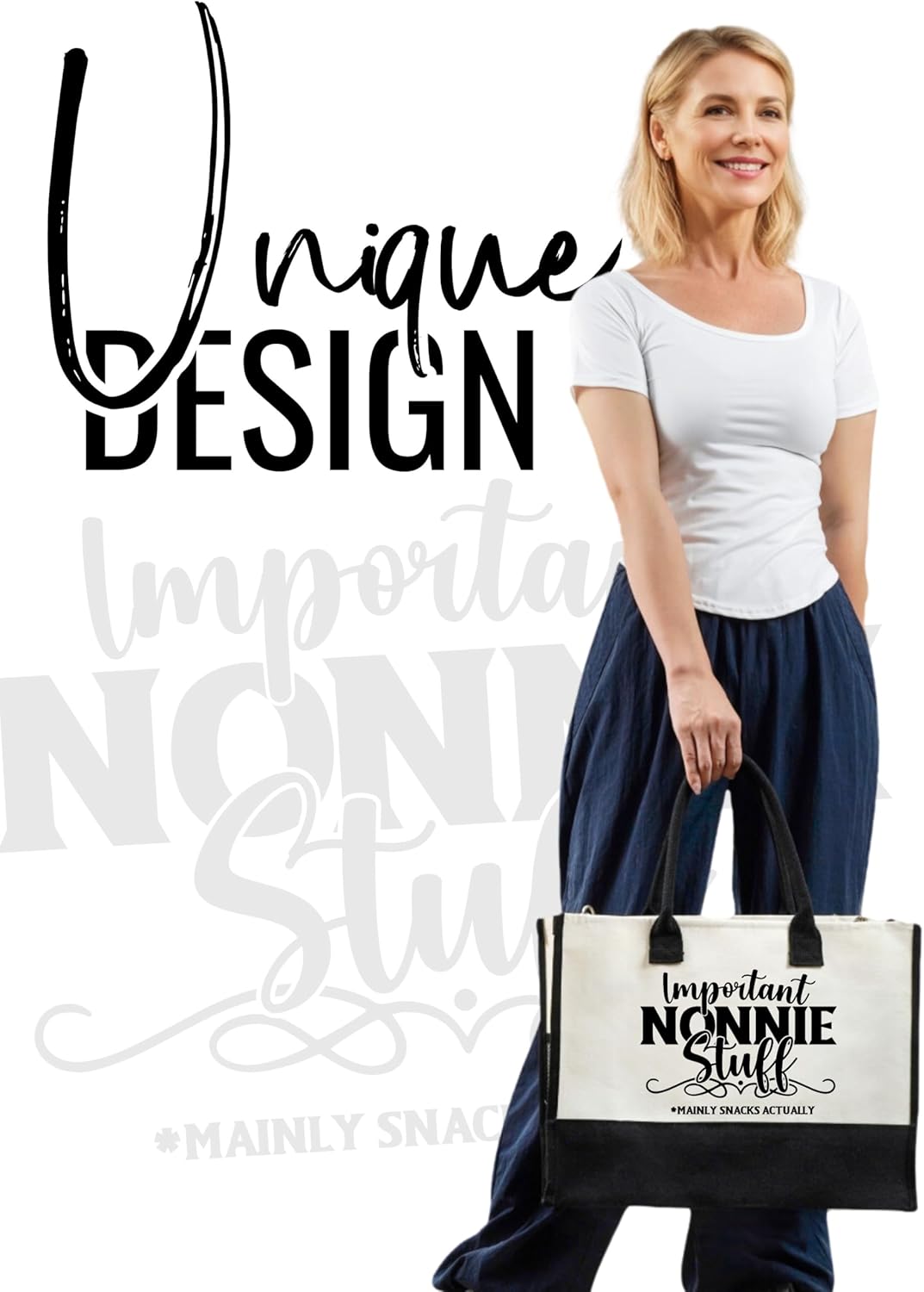 InnoBeta Nonnie Gifts Canvas Tote Bag for Grandma, Important NONNIE Stuff Bag with Top Zipper Closure and Shoulder Strap for Birthday, Mother's Day, Christmas - Image 2