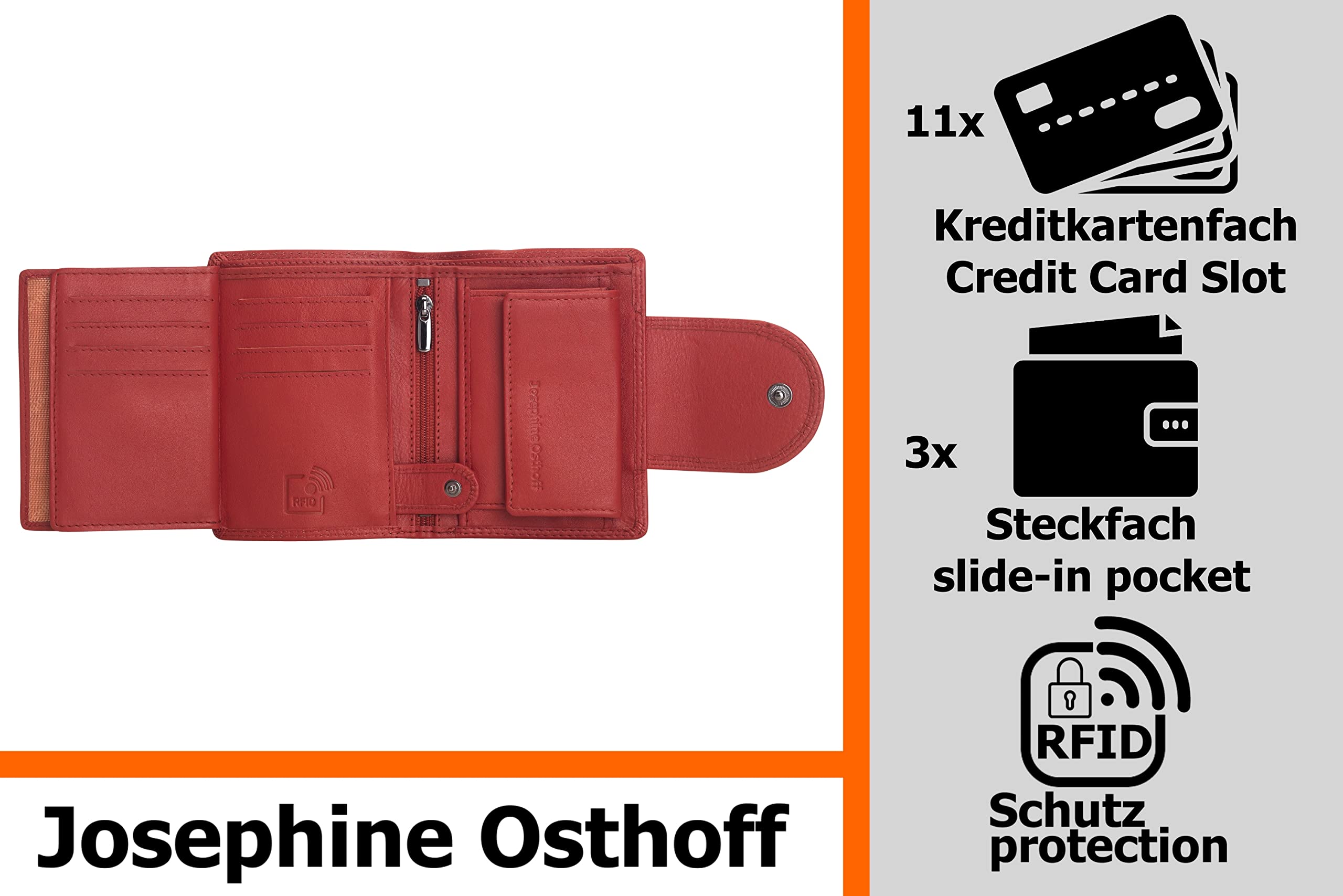 Josephine Osthoff Geldbörse Damen Wiener Schachtel, Platz für 11 Karten, Minibrieftasche mit Münzfach, Portemonnaie Herren Geldbeutel aus echt Leder mit RFID-Schutz (934), Farbe:Kirsche