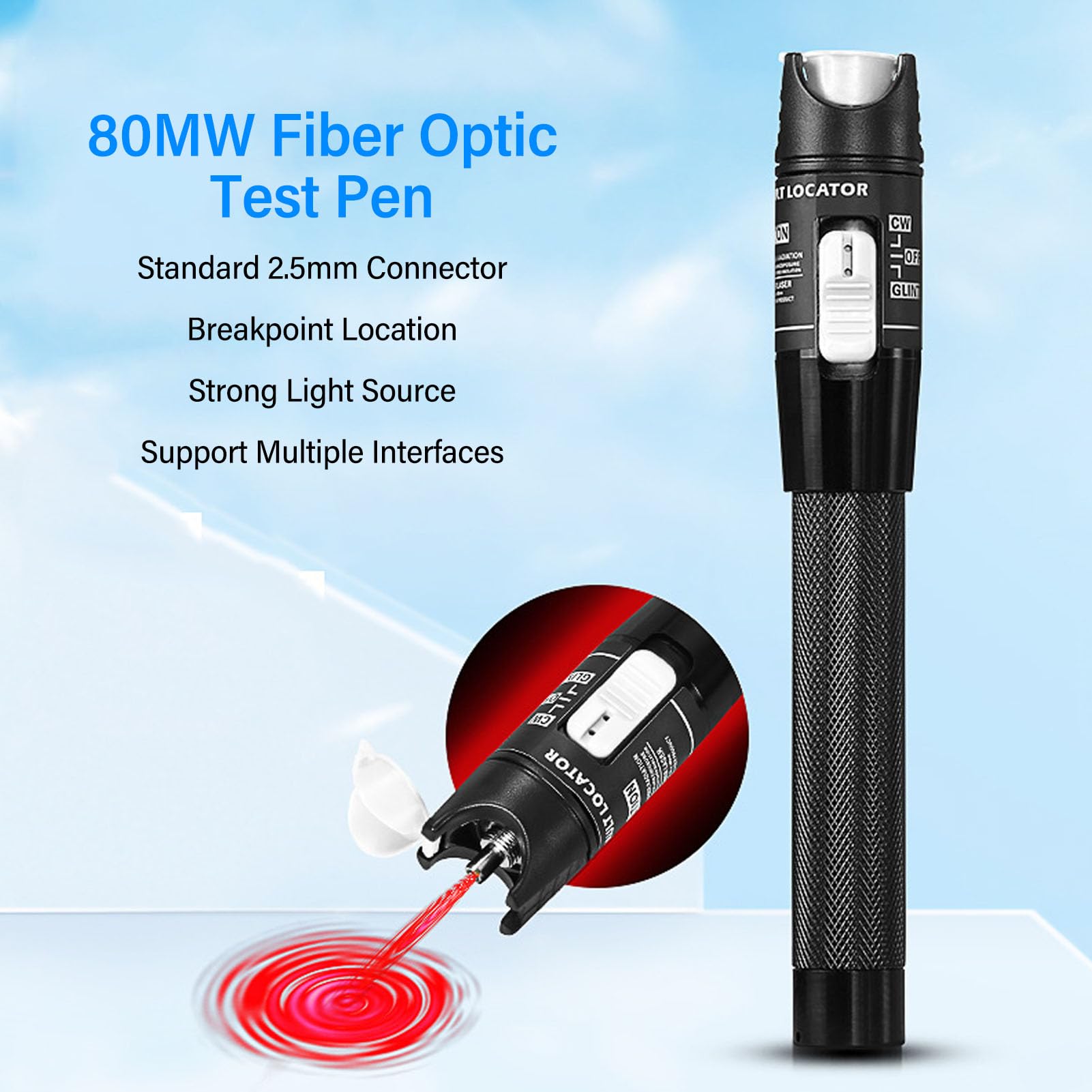 Fiber Visual Fault Locator, 80MW 80KM VFL Fiber Optic Cable Tester Meter Fiber Red Light Pen, Fiber Optic Tools Source Tester Kit, Fiber Network Cable Test Kit for LC FC SC ST