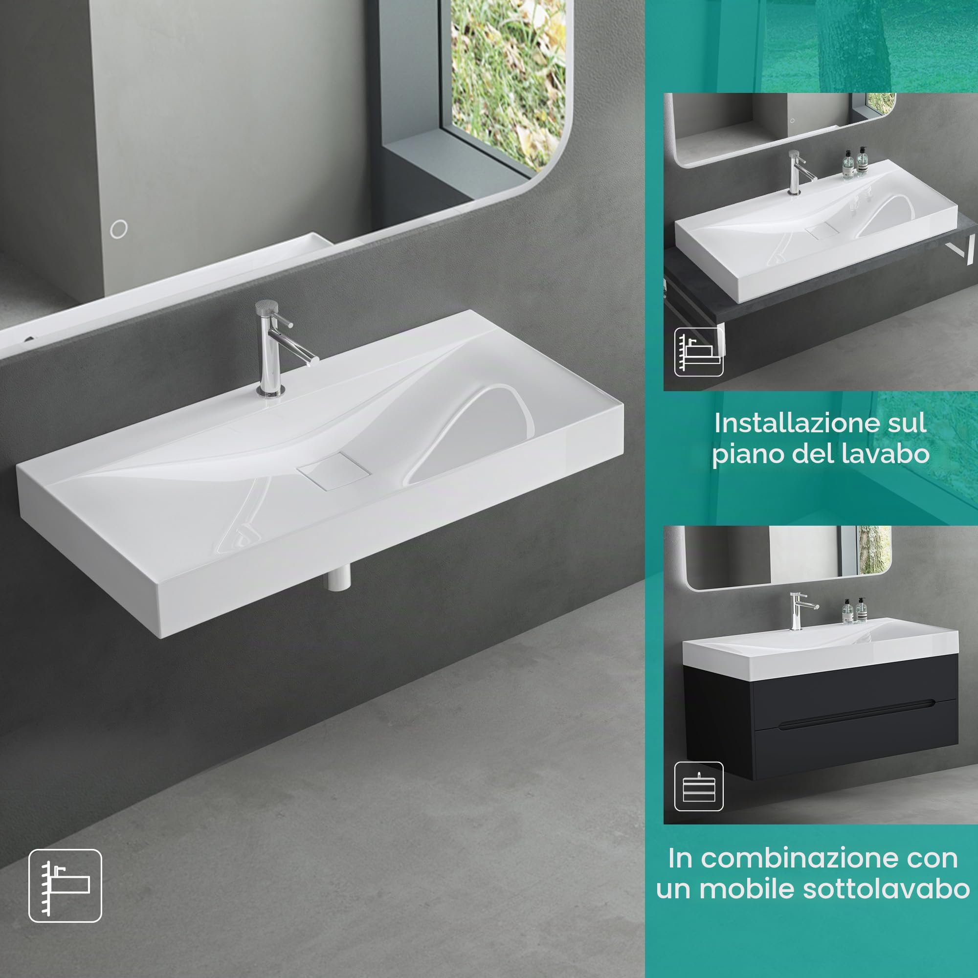 Mai & Mai Lavabo da Appoggio 60x48x10cm, Lavabo Bagno Sospeso Lavandino Bagno Rettangolare Colossum810 da Marmo fuso