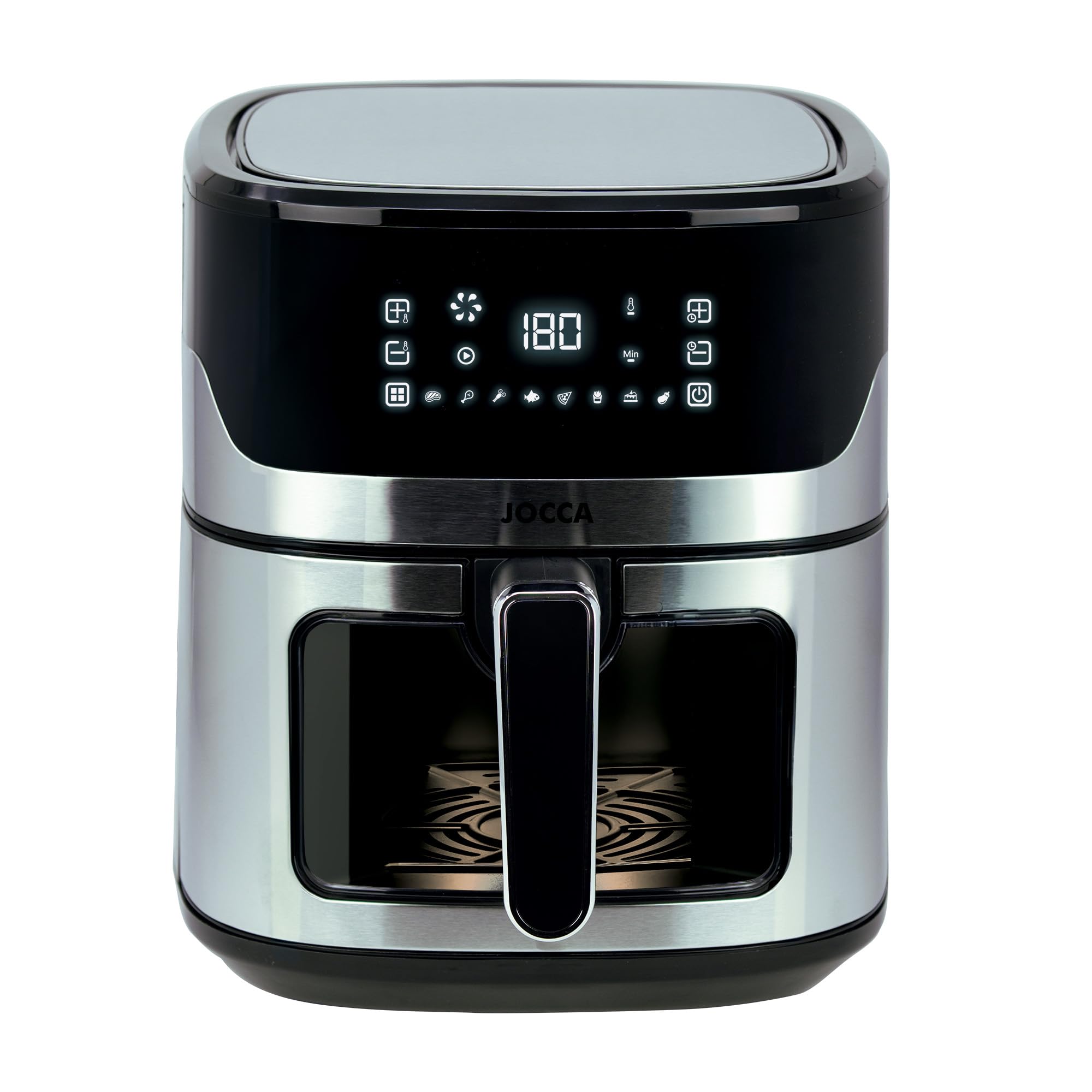 Jocca - Freidora de Aire Caliente 6,5L Negra| Freidora Sin Aceite con Ventana| Air Fryer| 1600W Potencia| Protección Sobrecalentamiento| Pantalla Led Táctil| (Plata/Negro)