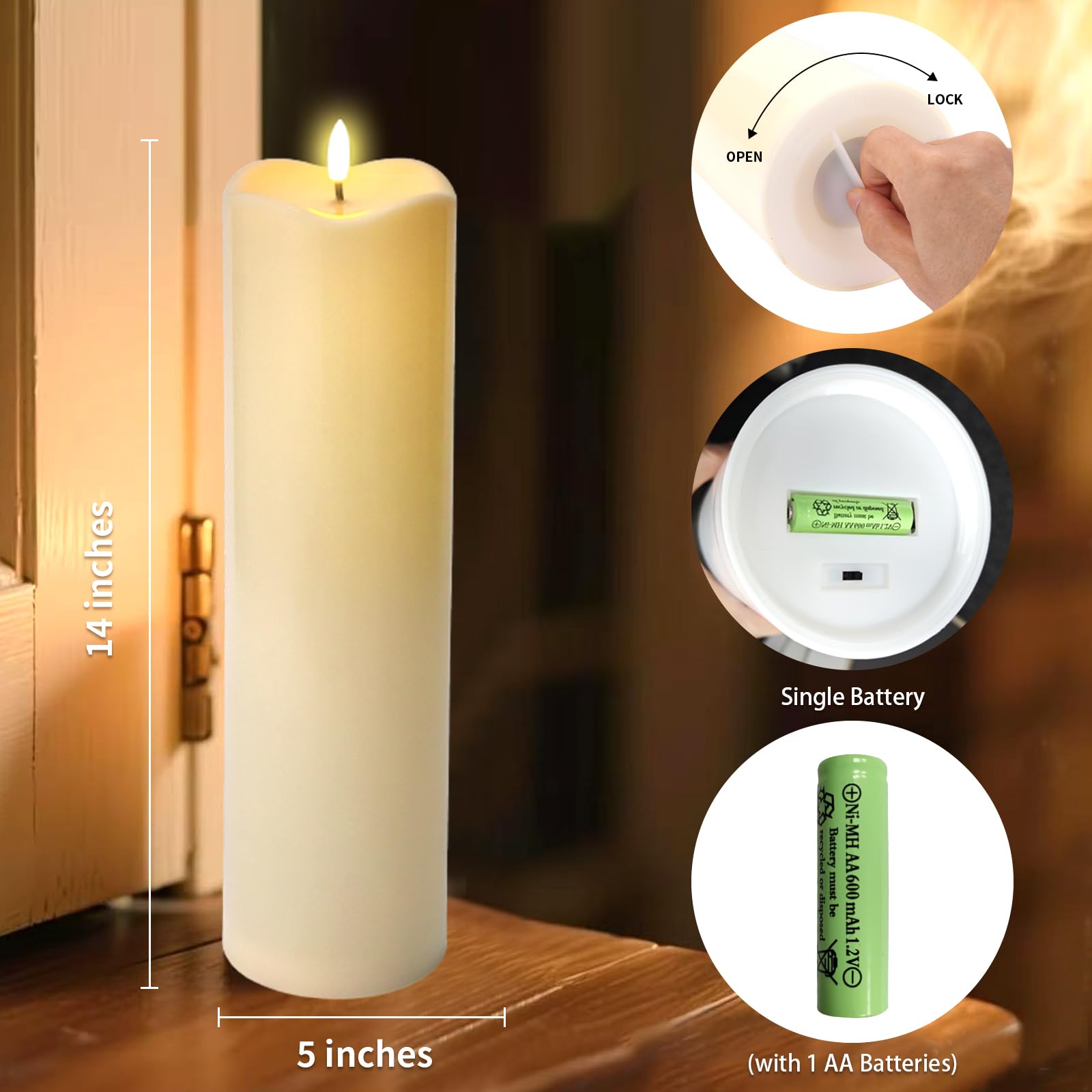 Velas solares grandes sin llama para exteriores, 4 x 14 pulgadas, velas parpadeantes recargables de energía solar, velas falsas de plástico impermeables para decoración de porche y patio (blanco