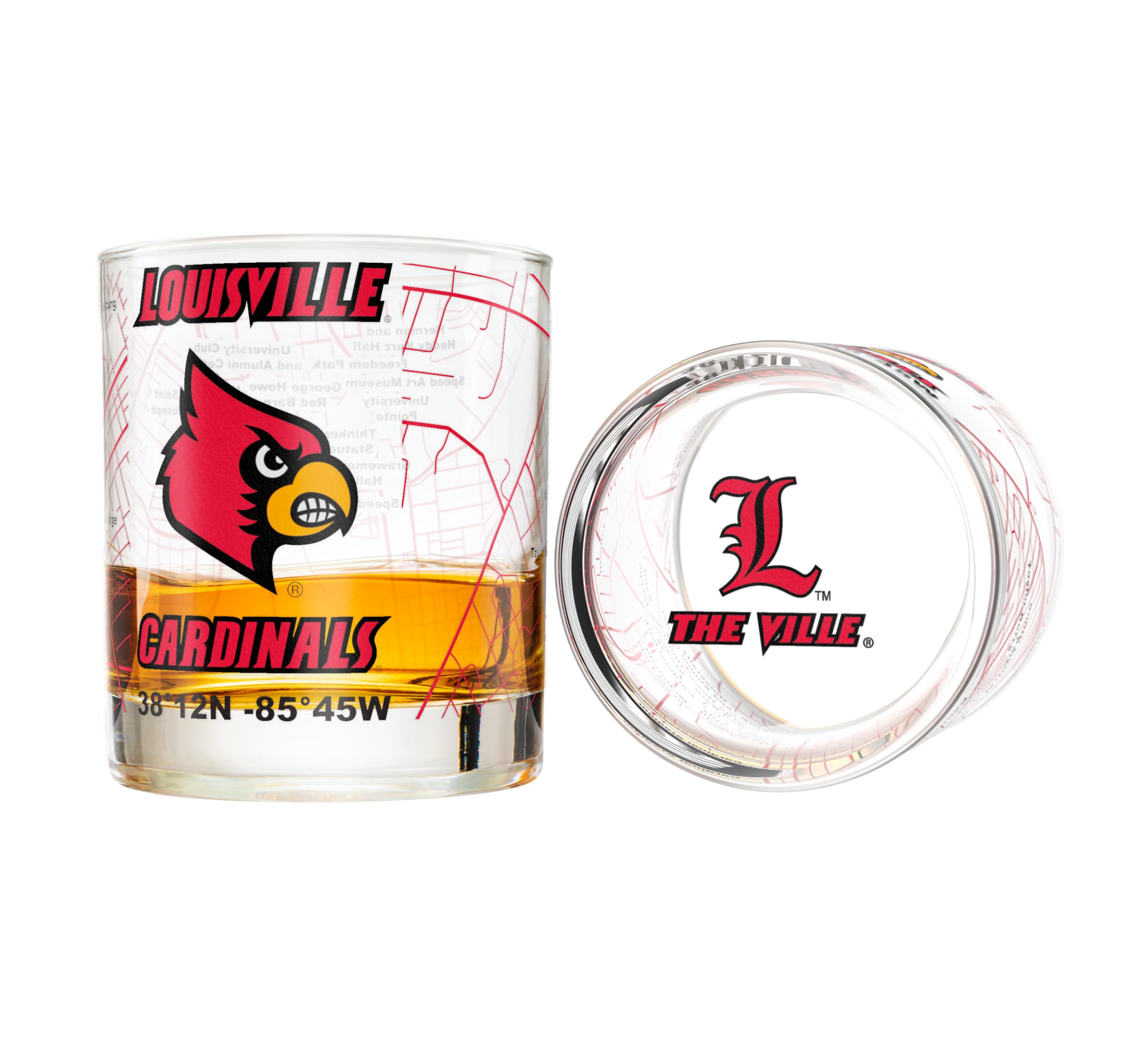 Greenline Goods University of Louisville Cardinals Whiskey Glasses Set of 2, 10 oz Rocks Glasses with Full-Color Logo &amp; Campus Map – Officially Licensed Bourbon Glass Gift for Alumni &amp; Fans
