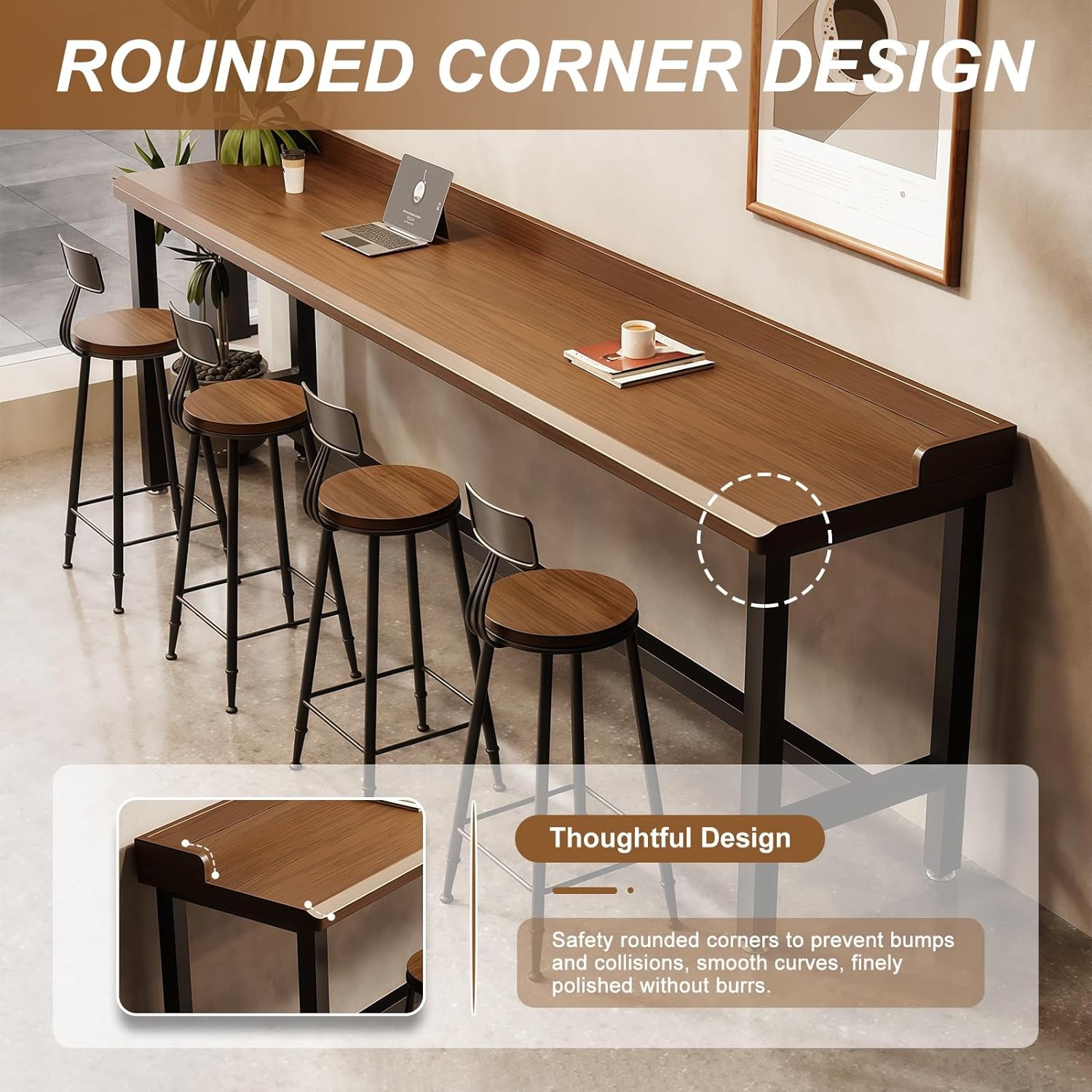 Farmhouse Rectangle Bar Table with Metal Legs, 47 Inch Long Solid Wood Counter Height Tables, 2 Inch Thick Rustic Industrial Pub Table for Kitchen, Coffee Shop, Walnut, No Chairs