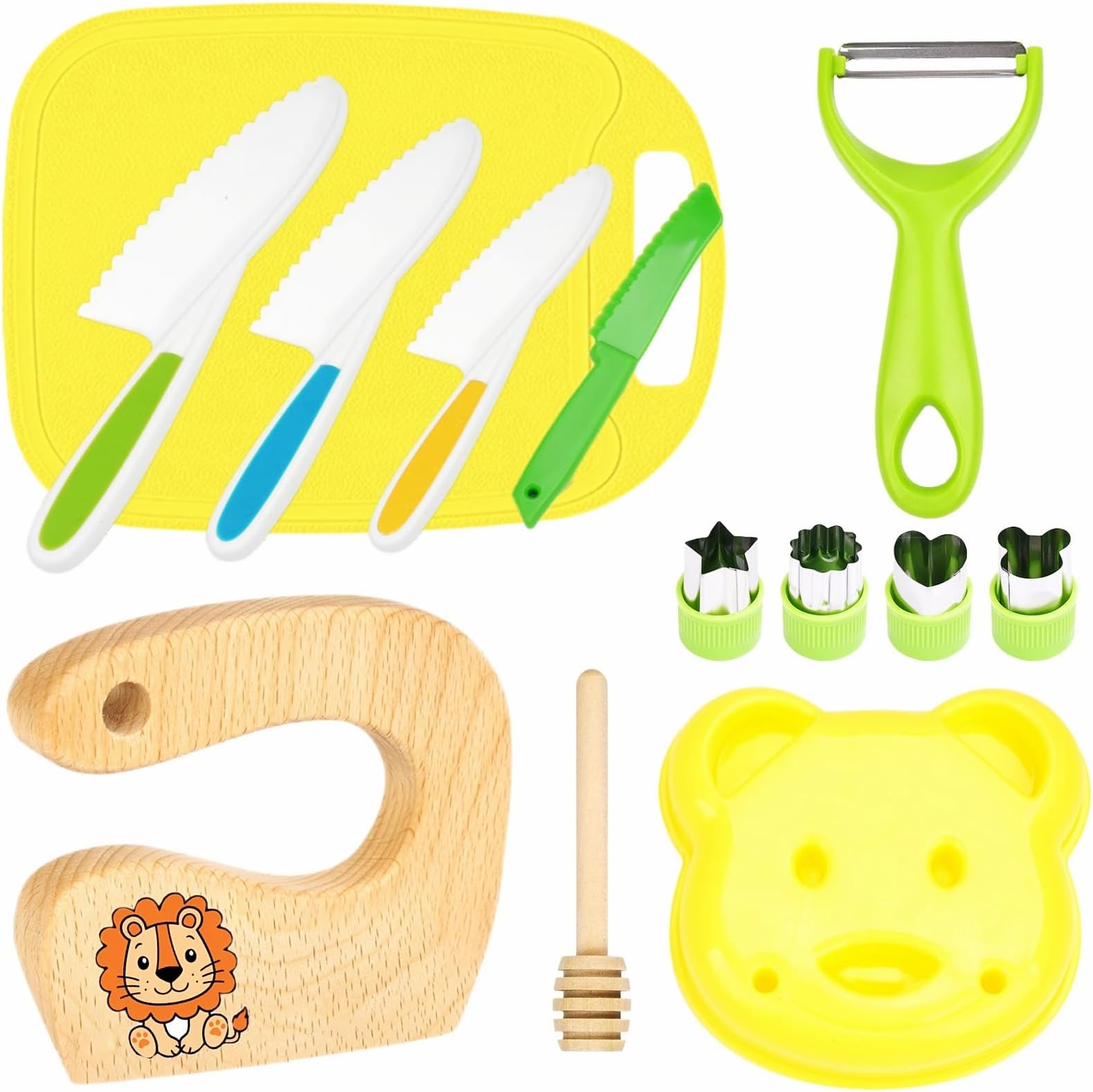 Kids knife Set Toddler Safe Knives Set for Real Cooking with vegetable cutters, wooden knife - Perfect Christmas or birthday present for children aged 2 and over (13pcs yellow lion)