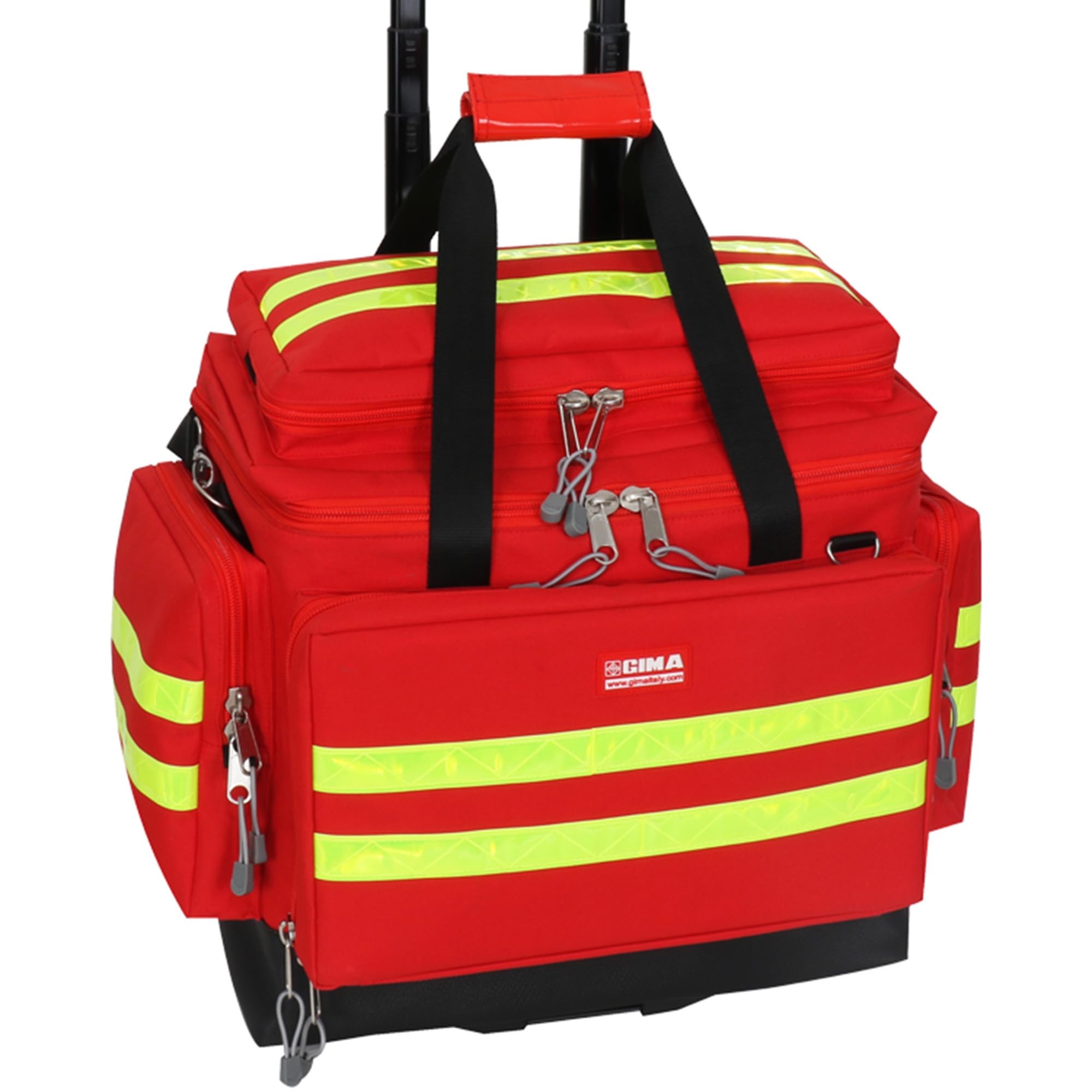 GIMA Smart Notfalltasche mit Trolley Medium, Farbe Rot, doppelte gelbe Streifen, Außentaschen, Innentaschen, abnehmbare Tasche mit transparentem Fenster, Größe 56 x 32,5 x 49 cm