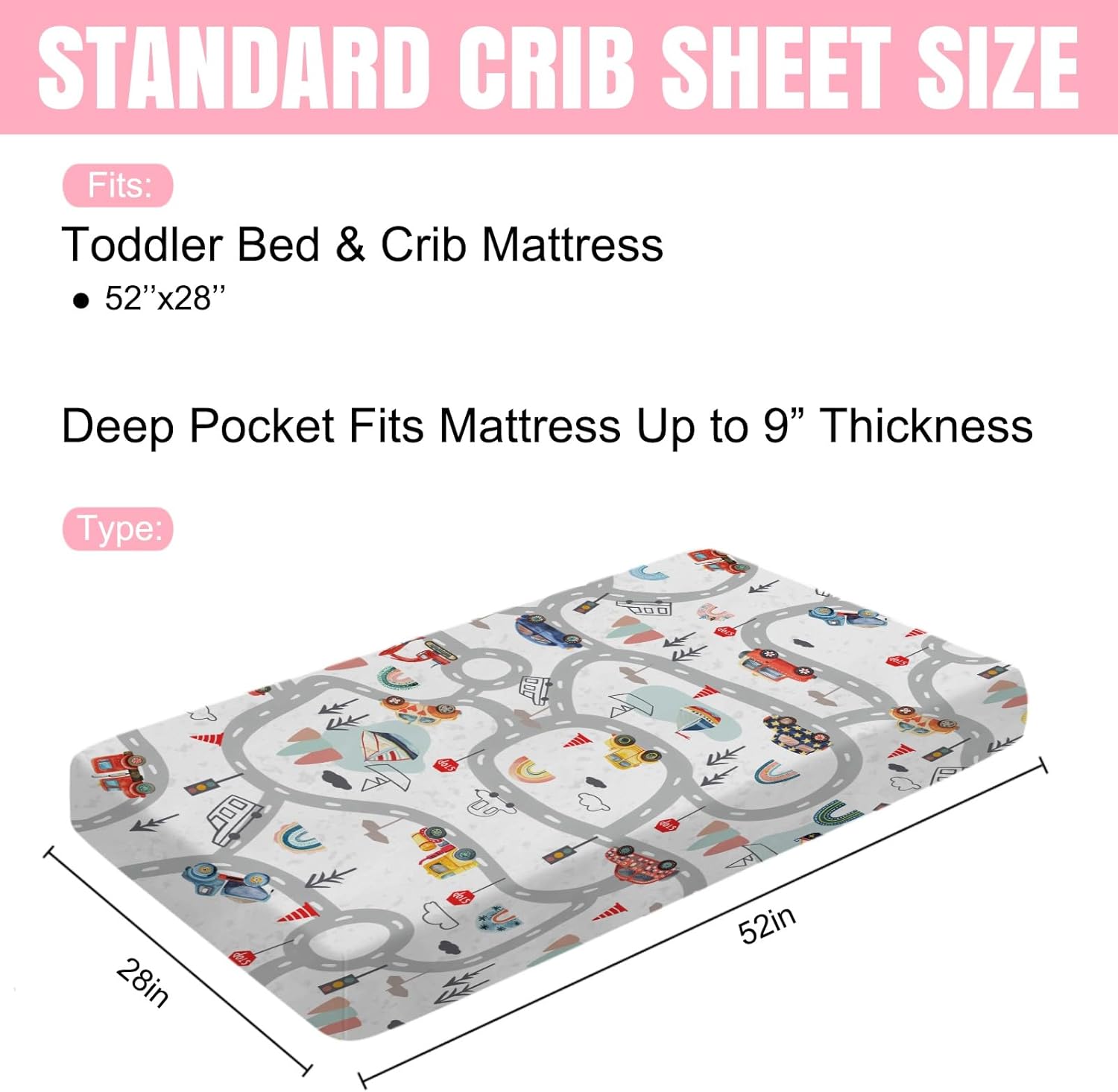Cartoon Road Car Vehicles Baby Sheets 52''x28'' City Roadway Truck Boat Mountain Forest Rainbow Fitted Mattress Covers for Boy Girl Soft Nursery Bed Sheet for Standard Crib Toddler Mattress