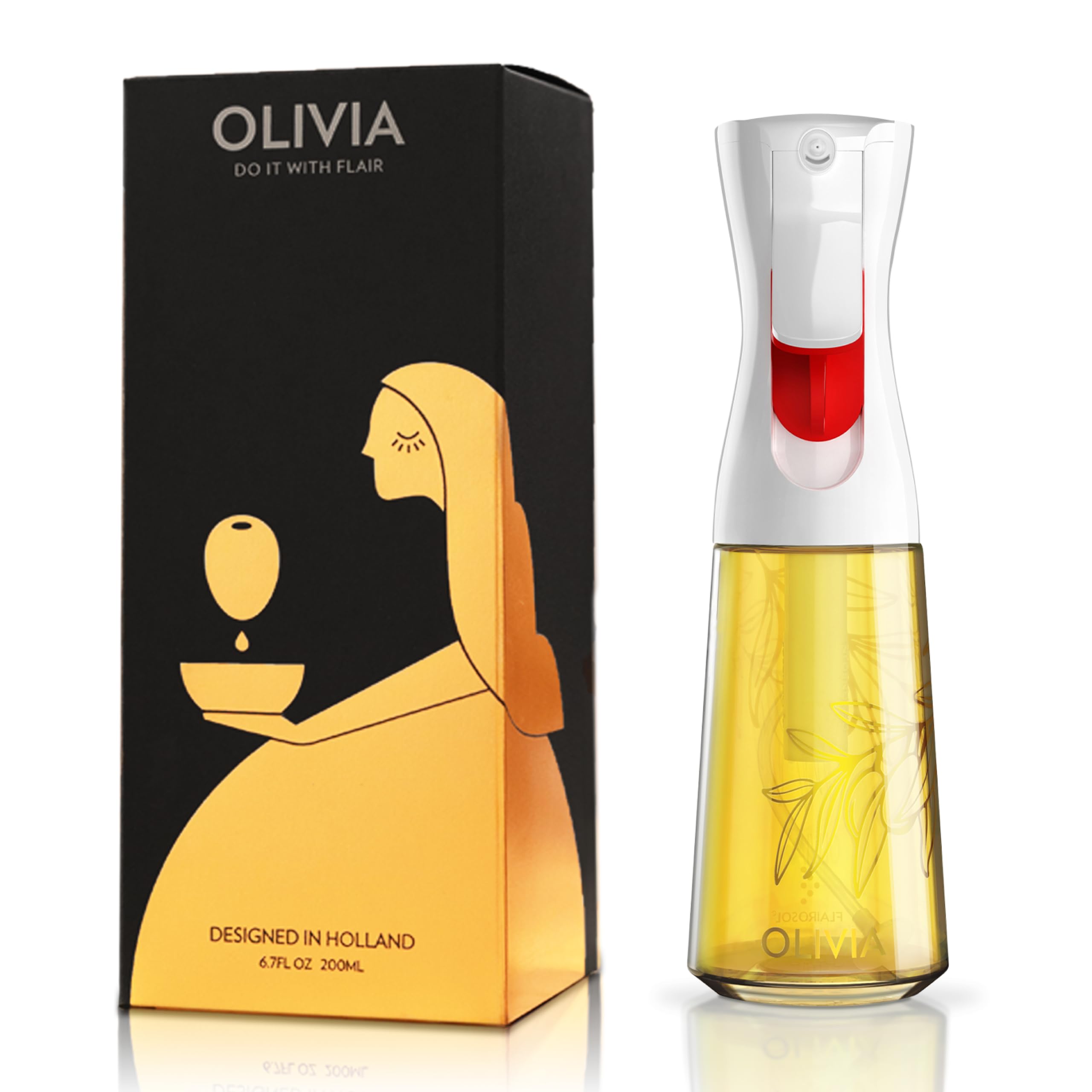 FLAIROSOL OLIVIA Oil Sprayer for Cooking, 200ml Glass Olive Oil Sprayer, Continuous Cooking Spray Bottle with Portion Control, Olive Oil Dispenser for Kitchen, Air Fryer, Salad, BBQ (Golden Leaves)