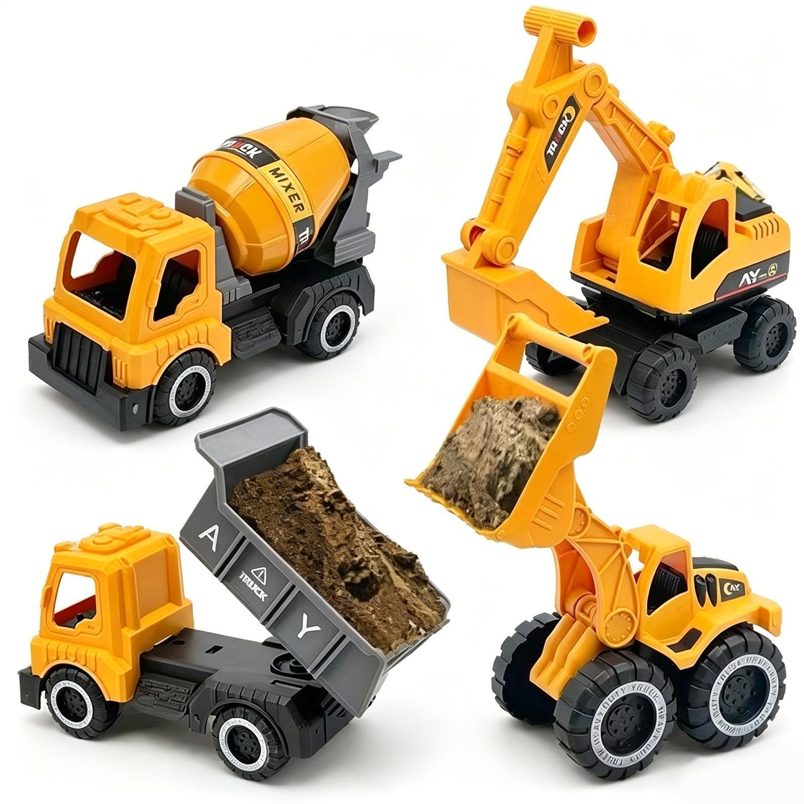 4 Pcs Sand Pit Toy Set, Beach Construction Vehicle Toys with Excavator, Dumper, Bulldozer & Cement Truck, Durable Play Trucks, Interactive Summer Toys for Beach, Backyard Outdoor Play