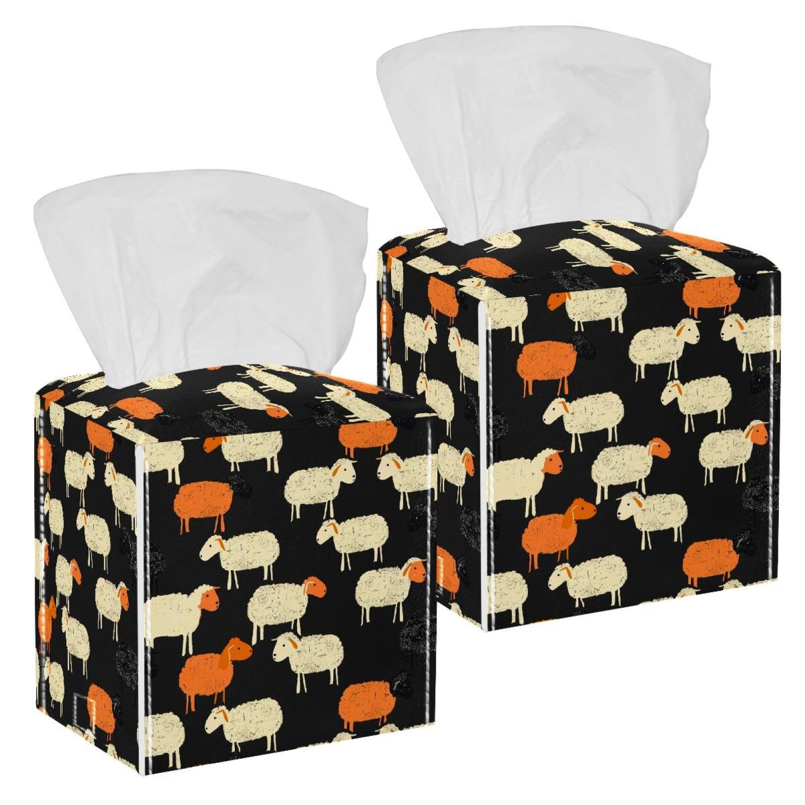 Sheep Tissue Box Cover, 2 Pack PU Leather Square Facial Tissue Dispenser Box holder for Home Office Car