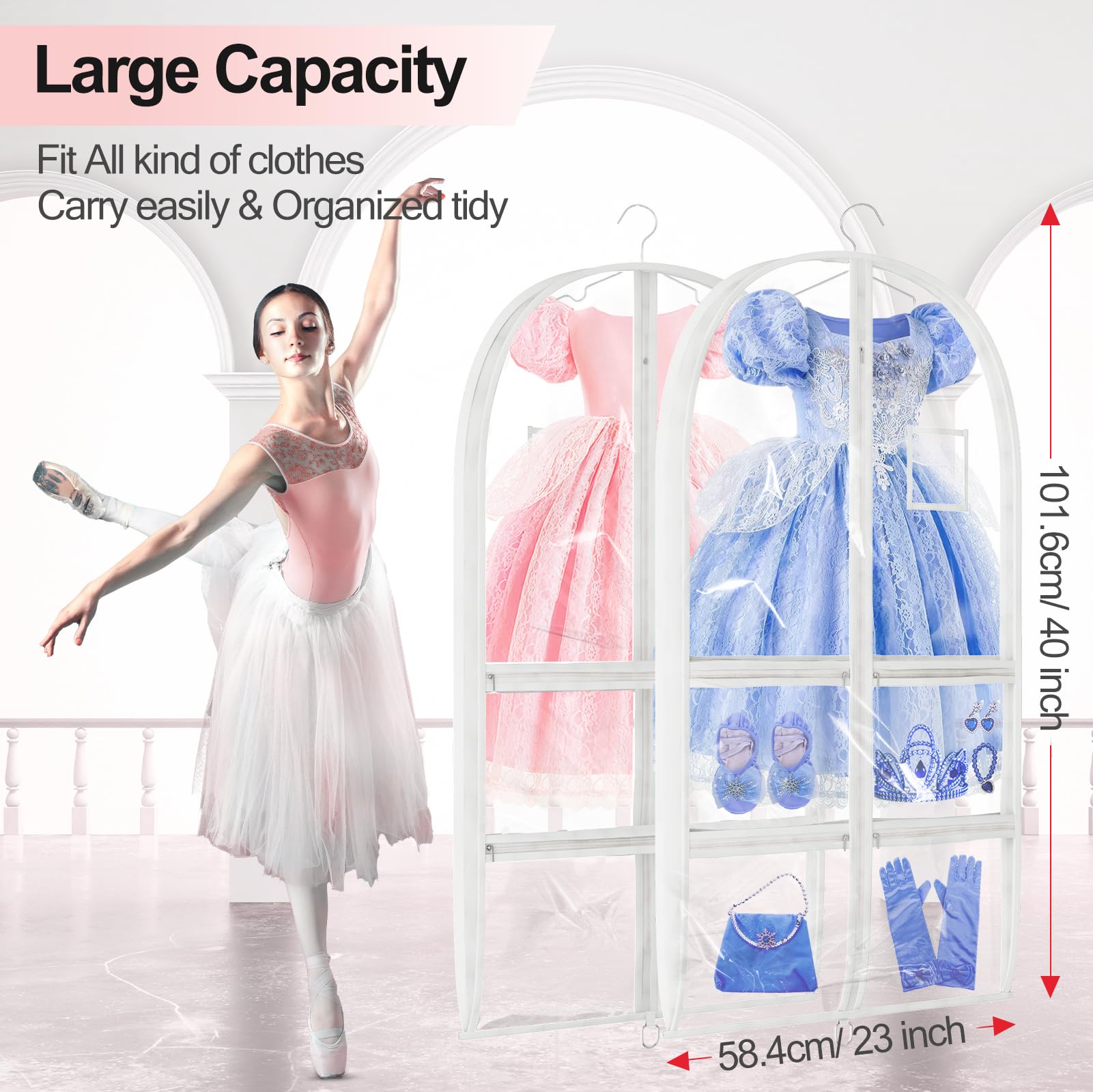 HOLADREAM 3 Pcs Dance Garment Bags With 6 Clear Pockets, 40” PVC Kids Costume Bag With Sturdy D-rings For Easy Carry, Plastic Dance Recital Bag For Dancers Competitions, Travel, Closet Storage
