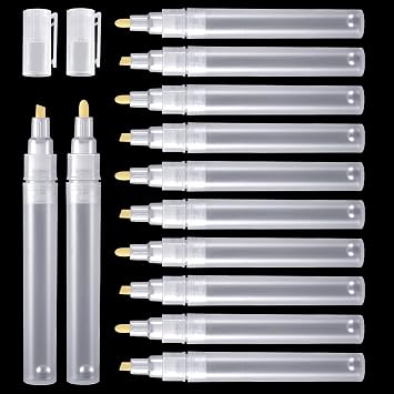 Sepamoon Set of 12 Empty Fillable Pen 3 mm 6 Mm, Refillable Paint Pen Blank Round Tilted Flat Head Refillable Paint Markers Fine Tip Acrylic Markers for Touch Up Graffiti Paper Drawing