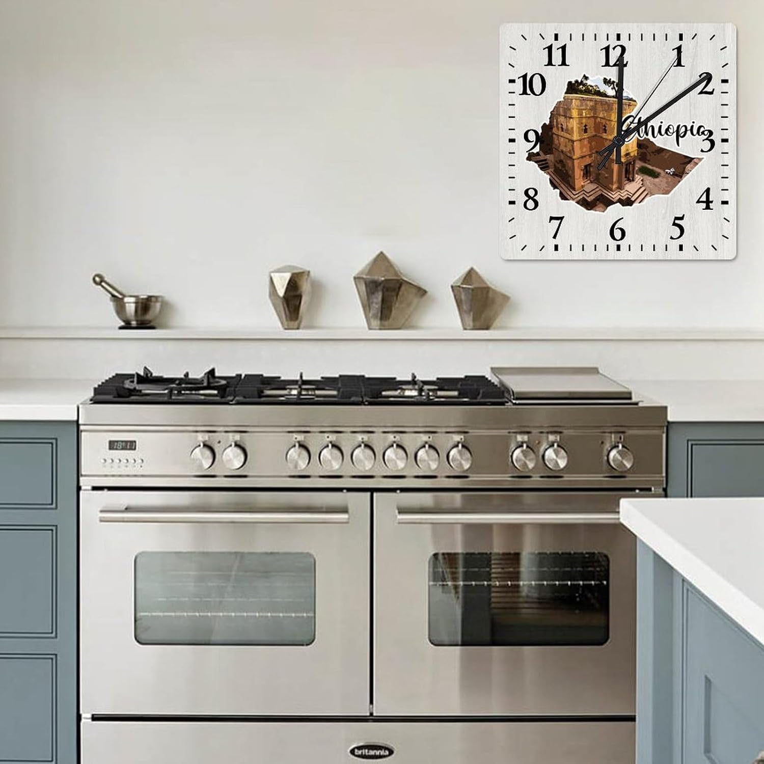 Ethiopia Map Wall Clock Ethiopia World Landmark Building Wooden Clock 15in Rustic Style Arts and Crafts No Ticking Sound Battery Operated Clock Decor for Shelf Half Bath Pub