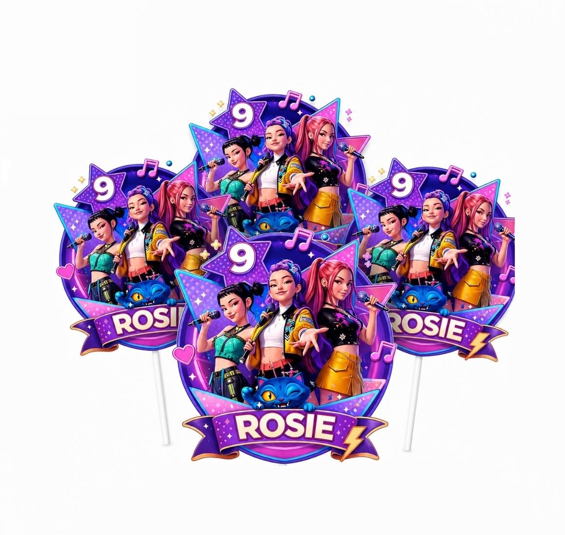 K-Pop Demon Hunters Inspired Personalised Birthday Cake Topper, Purple, Glossy Finish, 8cm, Pack of 4