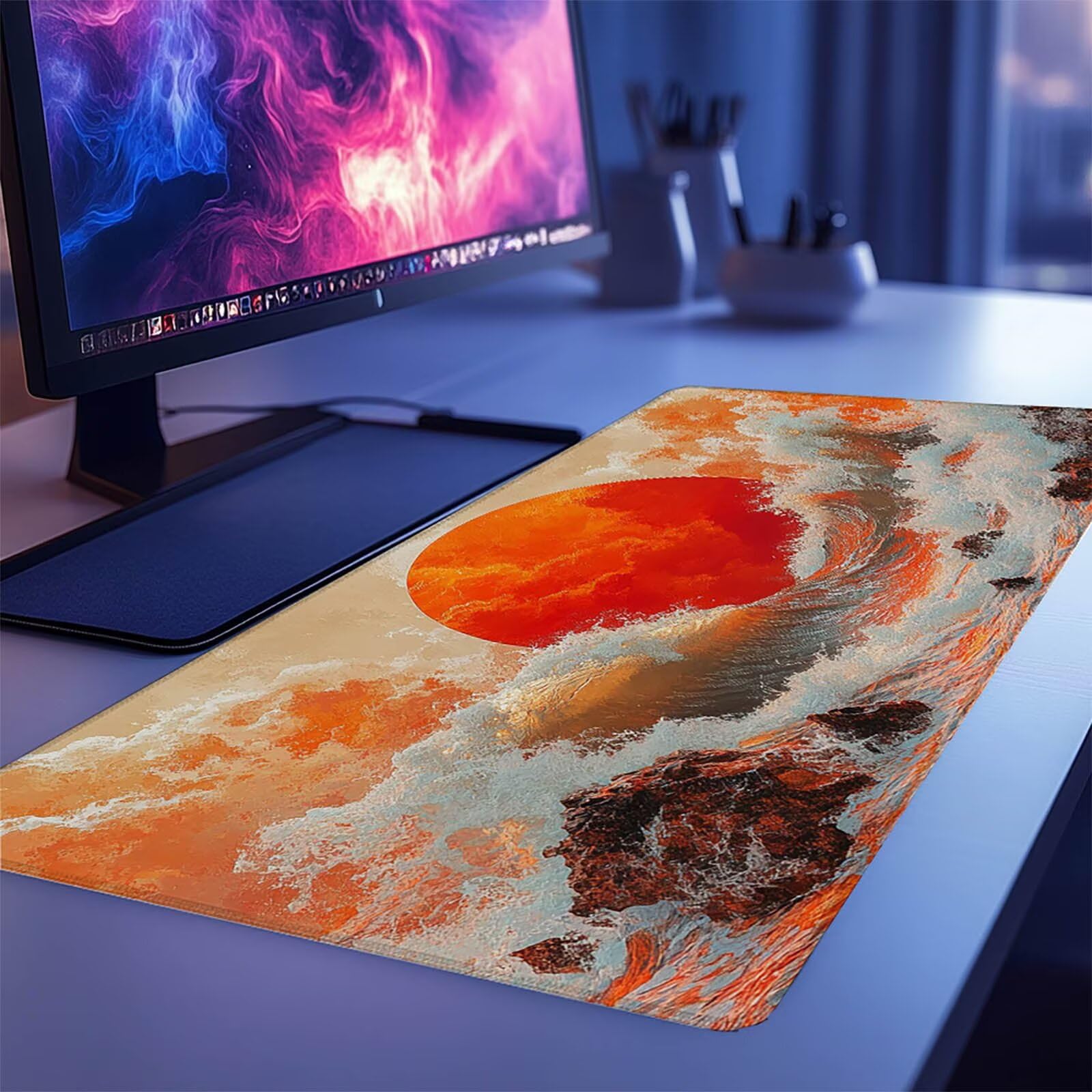 Podkładka pod mysz z krajobrazem XXL 1000 x 500 x 3 mm, podkładka na biurko fale oceanu z antypoślizgową i wodoodporną gumową podstawą, poprawiaj precyzję i szybkość, wystrój biura GYL-4928