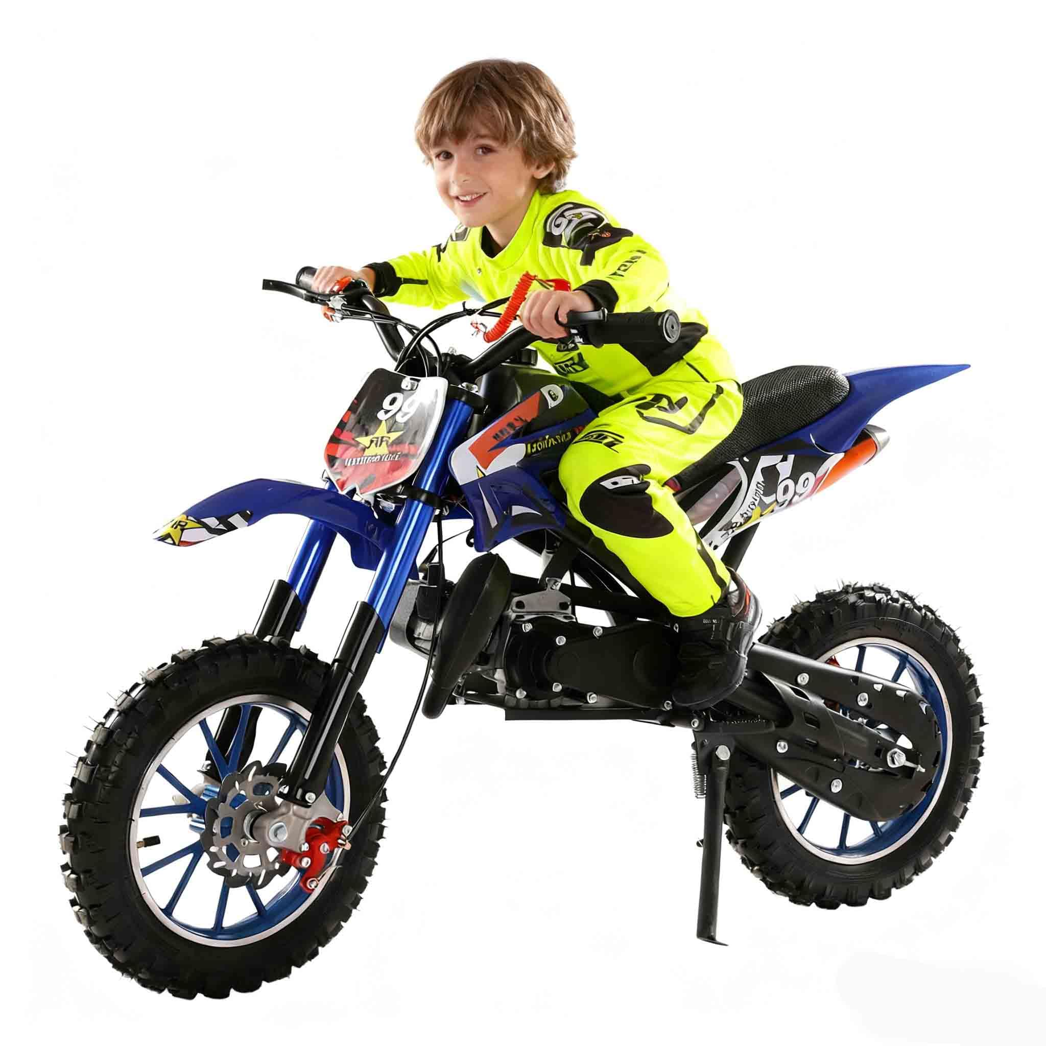 49cc 2-Stroke Kids Dirt Bike, Gas Powered Mini Motorcycle, 25 MPH, Front & Rear Disc Brakes, Hydraulic Shock Absorbers, 10-Inch Off-Road Tires