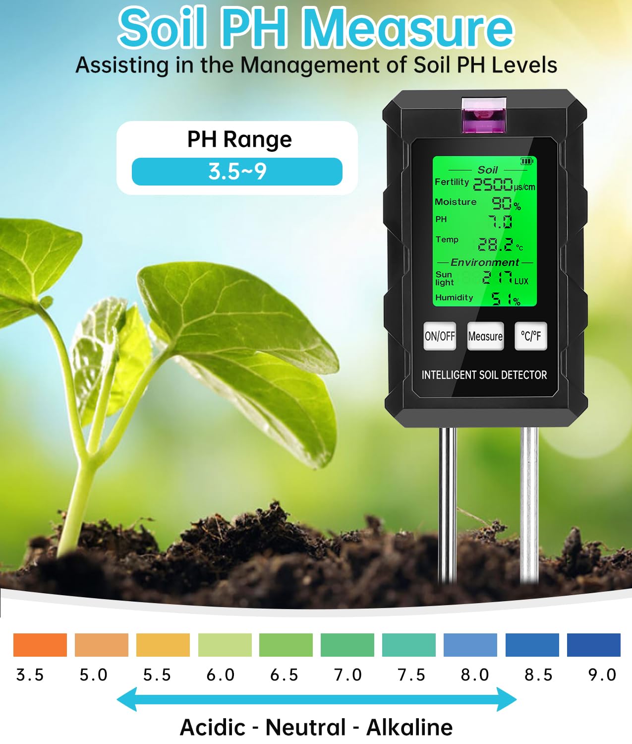 WADEO Medidor de pH del Suelo, Medidor de Suelo 6 en 1, fertilidad del Suelo/Humedad/ph/Temperatura/Sol/Humedad Ambiental, con Doble sonda y Pantalla LCD retroiluminada, para la Granja/jardín/césped