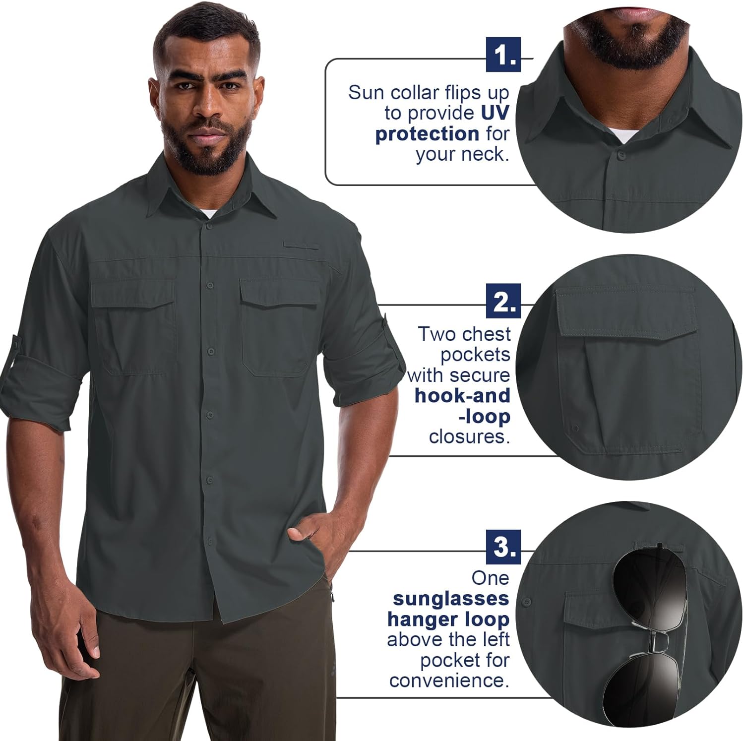 Mens Safari Sun Shirts UPF 50+ UV Sun Protection Long Sleeve Outdoor Quick Dry Fishing Hiking Gardening Shirts - Image 5
