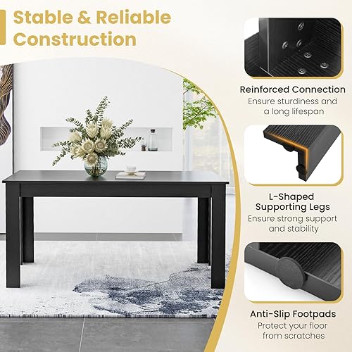 Miniatura 7 de Mesa de comedor negra para 6 personas con patas en forma de L, mesas rectangulares de cocina y comedor de madera de 63 pulgadas, mesa de comedor