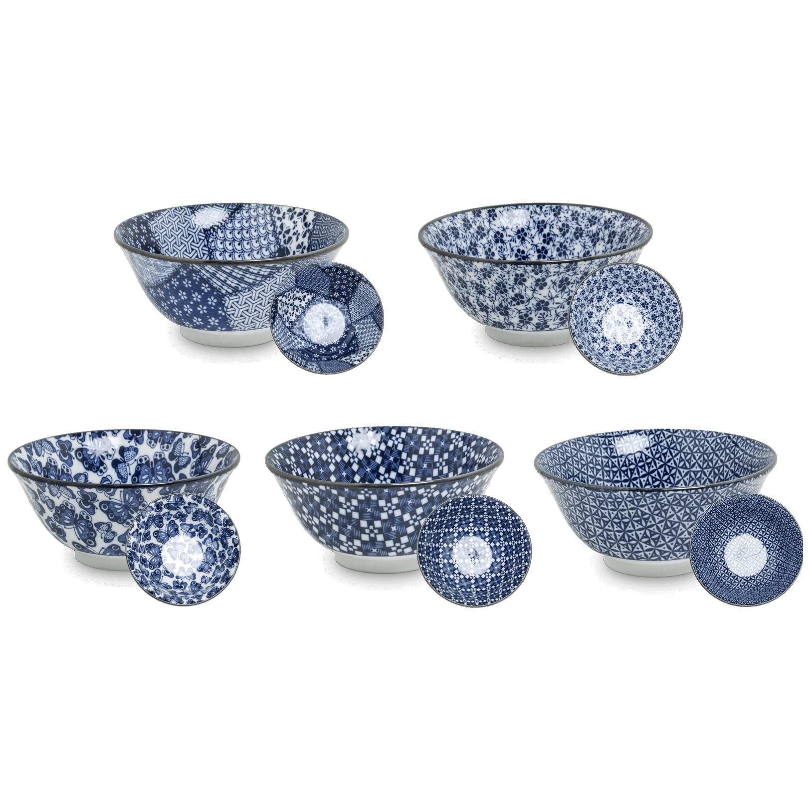 Matcha 087 - Set di 5 ciotole di riso in porcellana giapponese, colore: blu e bianco