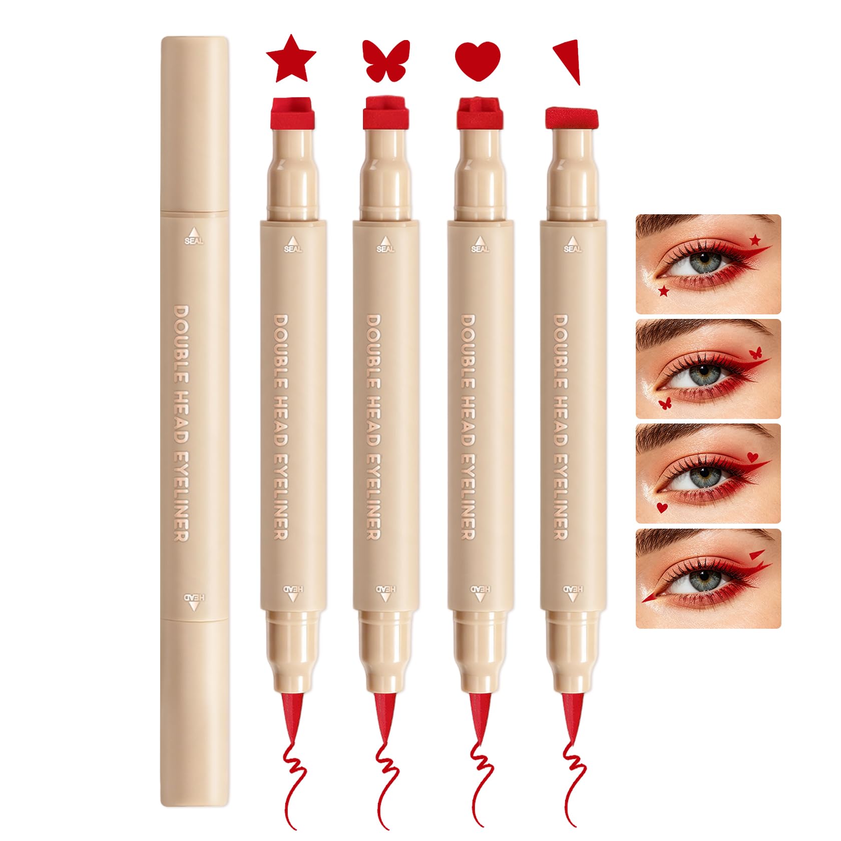4PCS Double-headed Liquid Winged Red Eyeliner Stamp Pen Set Red 4-Shape Eyeliner Stamp