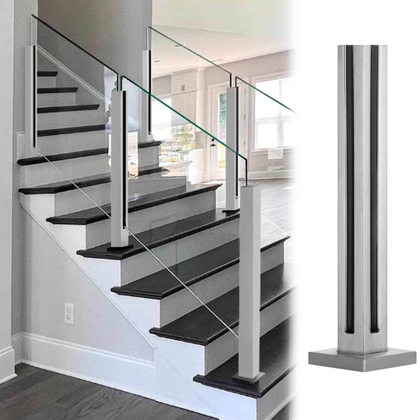 Poteau de clôture pour escaliers avec fixation de verre épais de 0,9 cm à 1,27 cm