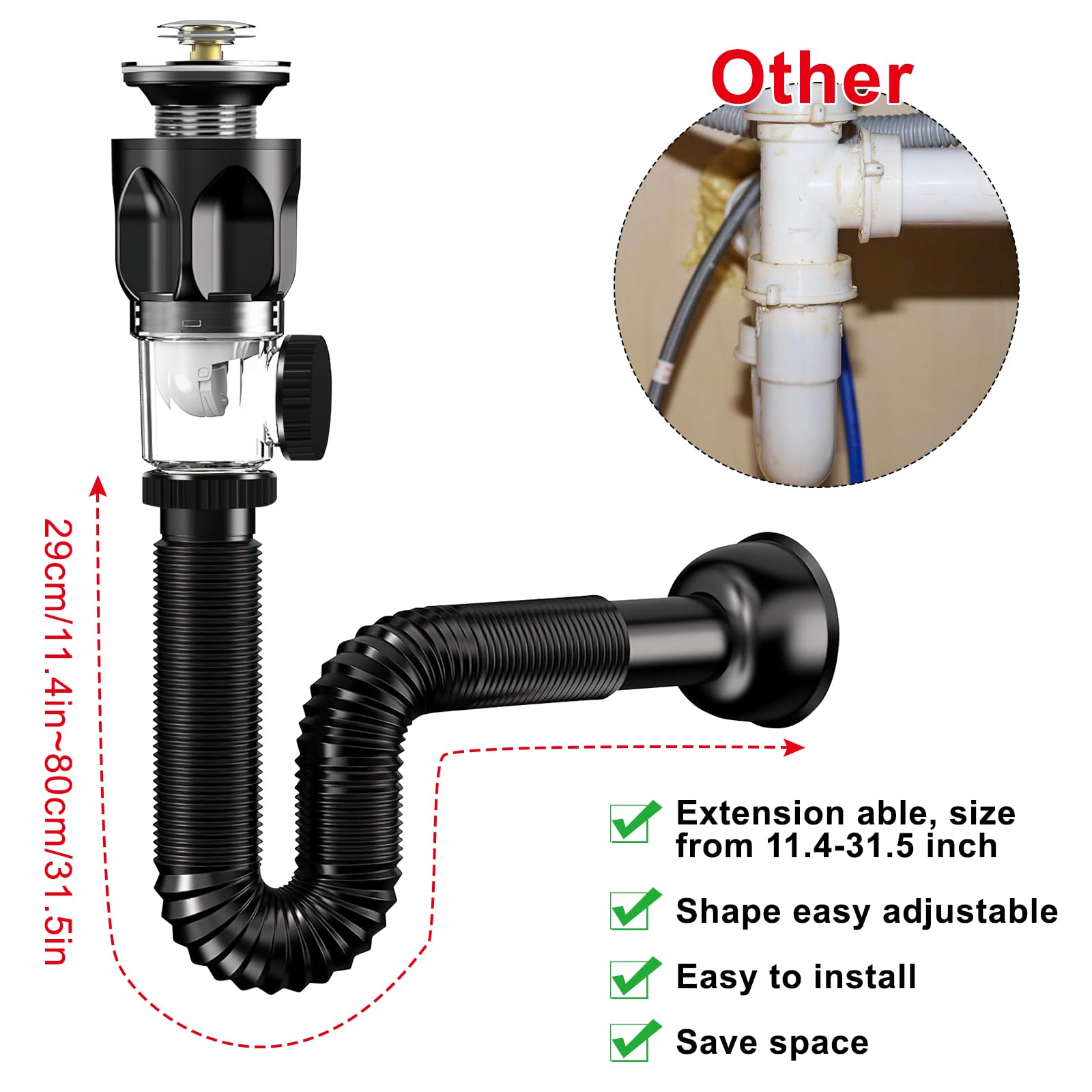 Kit Scarico Lavandino GUOYOU | Sifone Estensibile 300-1000mm, Con Filtro Pop-Up - Foto 5