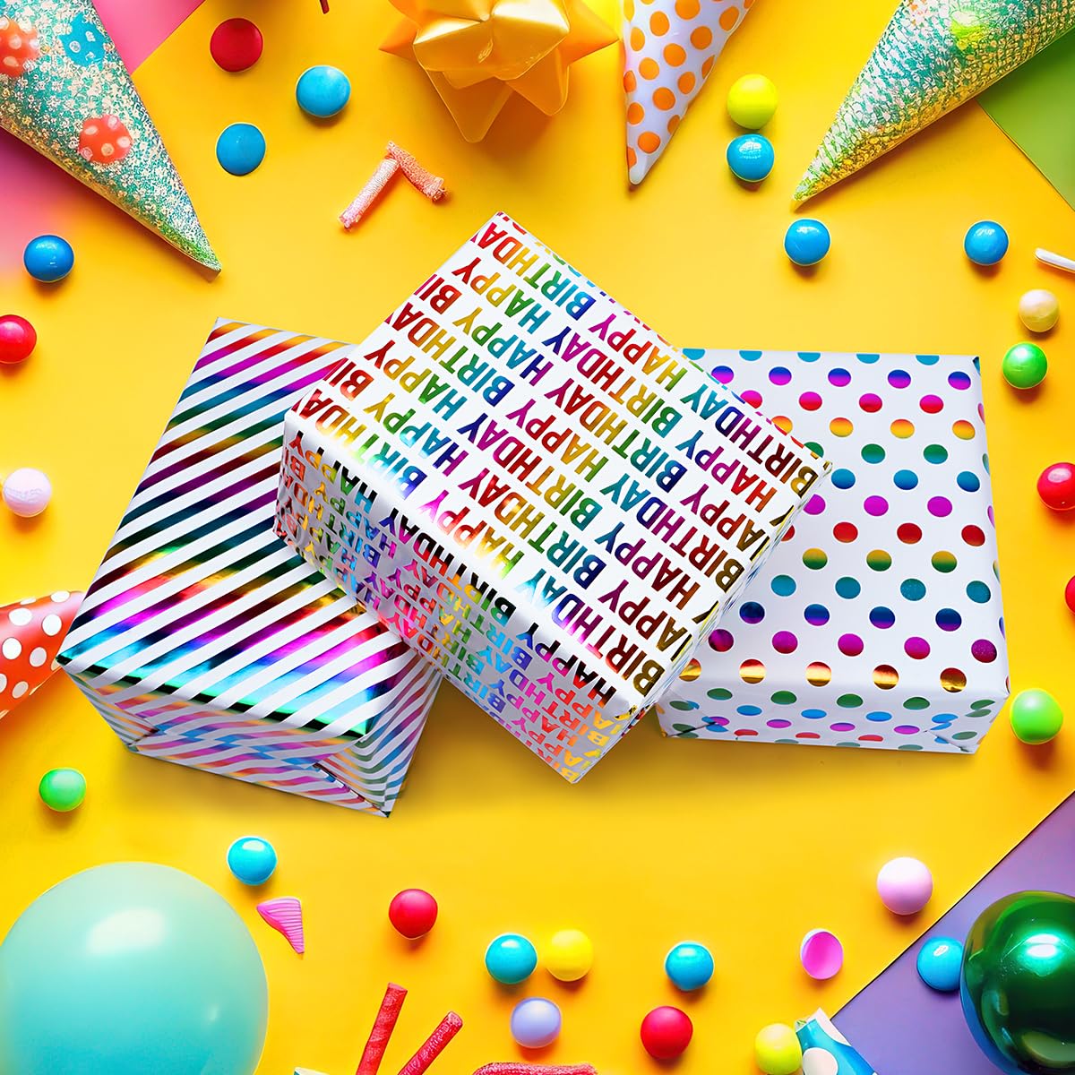 3 Rotoli Carta Regalo Compleanno – Kraft Riciclabile Con Pois, Stelle E Scritta Happy Birthday, 43 Cm X 3 M