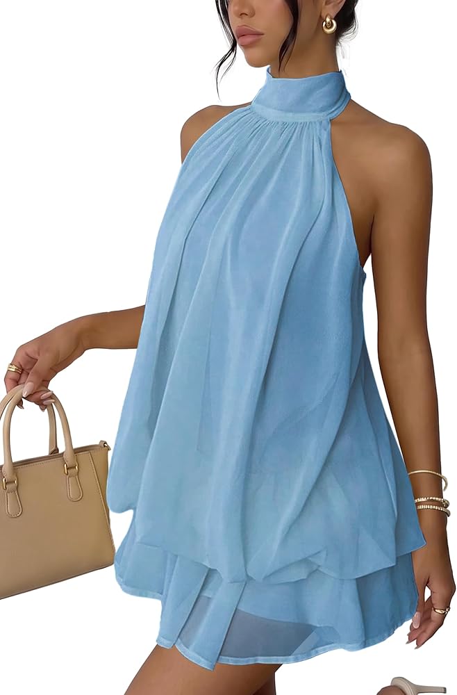 halter summer dresses 2022 Xiaoliny Women's Chic and Elegant Short Loose Collar Sleeveless Sexy Mini Dress Halter Tie Casual Dresses Chiffon Ruffle Flowy Color:Deep Purple End Use 1:Occasion Store Dillard Junior Prom