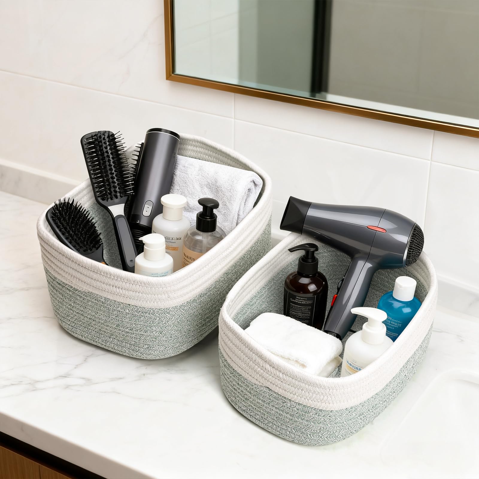 Lot de 4 Panier Rangement Tissé en Corde Coton, Panier Rangement Salle de Bain, Corbeille Rangement Panier Table a Langer Bébé, Décoration Organisateur pour Salon Chambre à Coucher