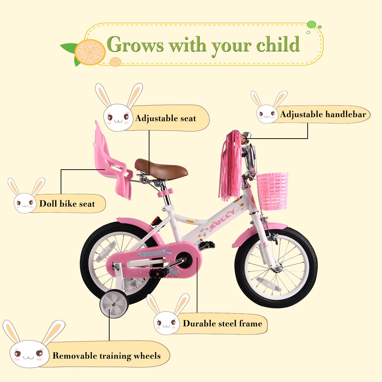 RULLY Vélo Enfant 16 Pouces pour Filles de 4 à 7 Ans, avec roulettes Stabilisatrices, Frein Avant, Panier, Rubans Décoratifs – Couleur Blanc