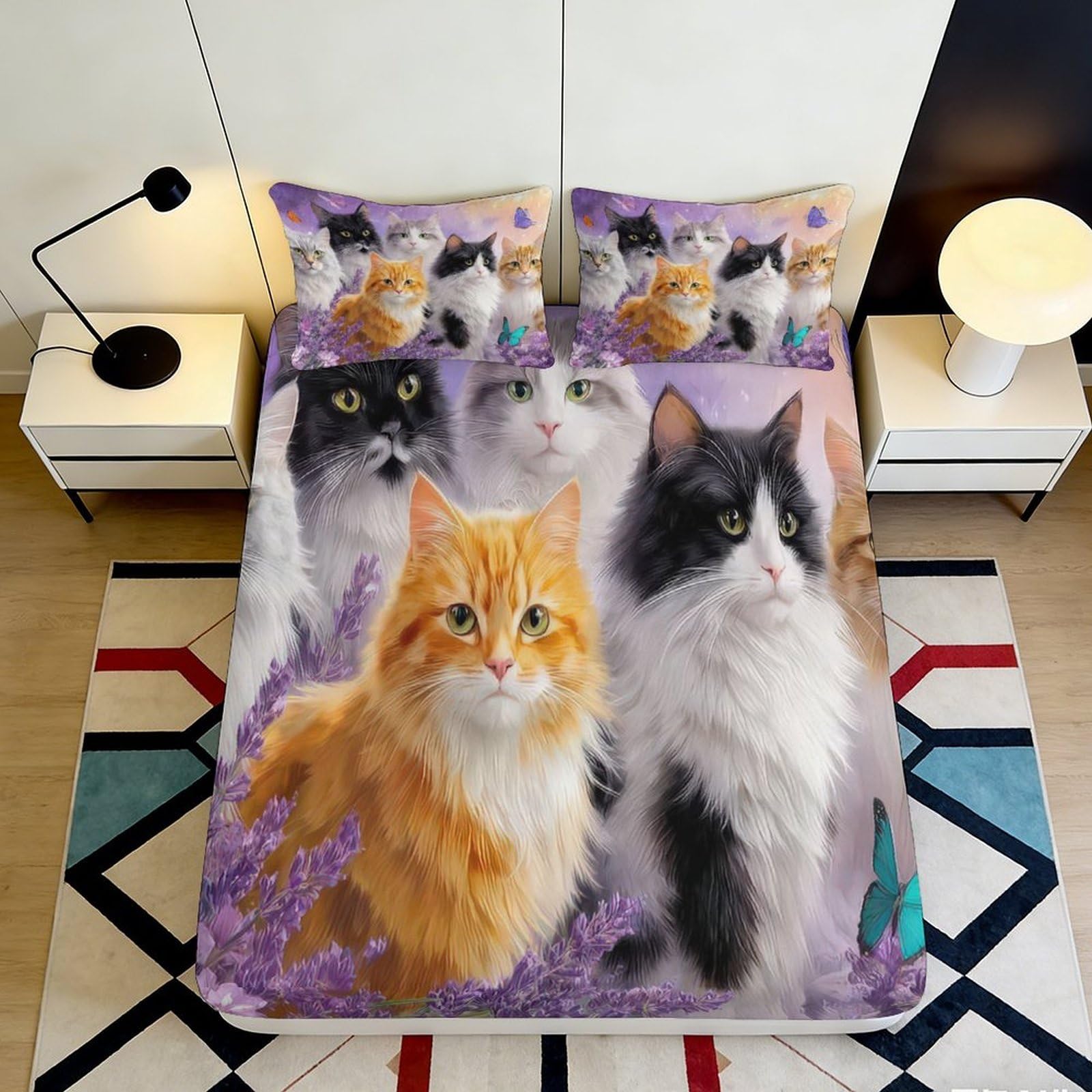 3D Printed Cat Lavender Fitted Sheet Microfiber Soft Breathable Butterfly Bed Cover for Bedroom Guest Room Decor 90x200x25cm