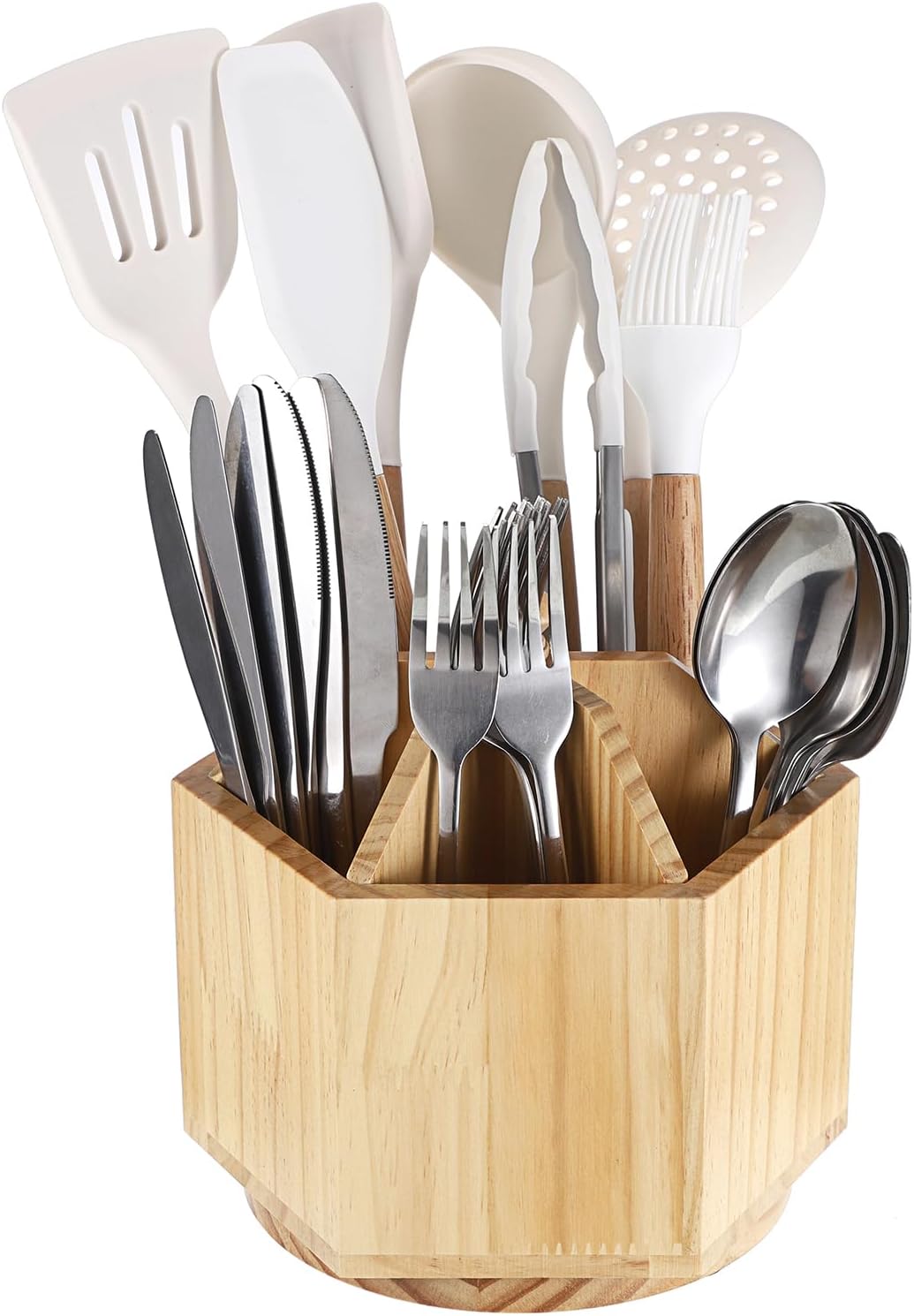 Sumnacon Wood Utensil Caddy, 360° Rotatable Silverware Caddy for Kitchen, Sturdy Silverware Holder with Removable Divider for Spoons, Forks, Knives, Paper Napkins