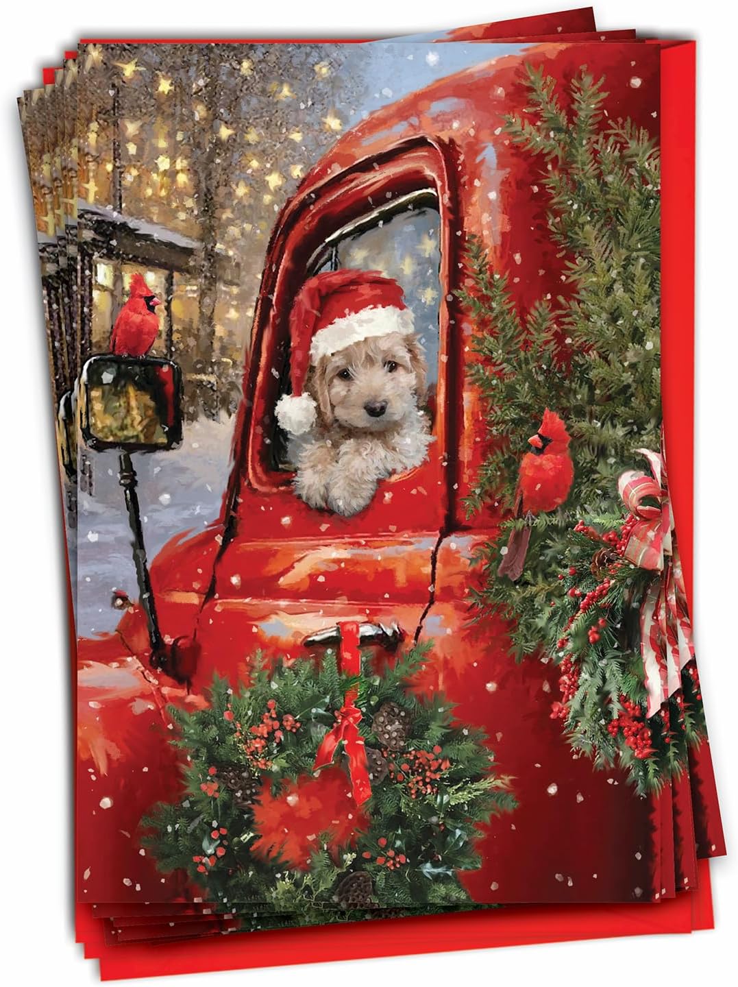 The Best Card Company 12 Christmas Greeting Cards Boxed Set with 5 x 7 Inch Envelopes (1 Design, 12 Each) Red Truck Puppies C3375EXSG-B12x1