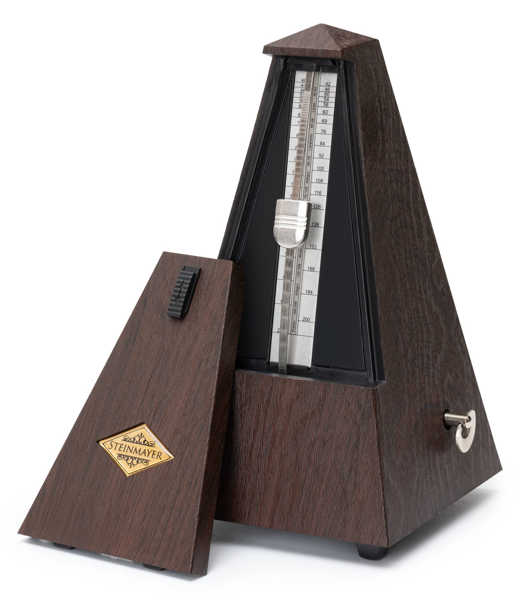 M-03G Metronom mit Glocke - Mechanischer Taktgeber in Pyramidenform - 40-208 Schläge pro Minute - 4 Taktarten - Robustes Kunststoffgehäuse - Braun mit Holzmaserung