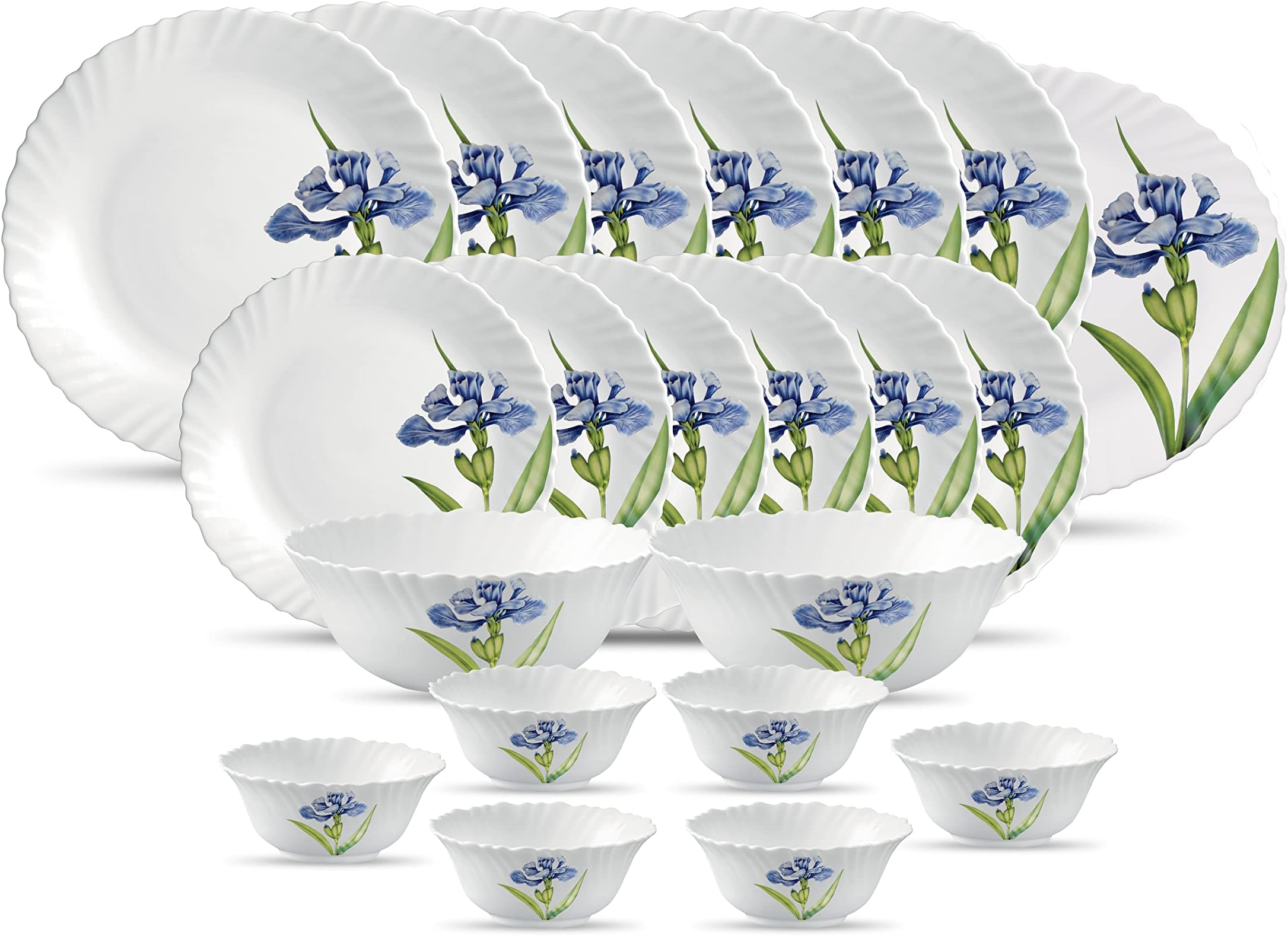 La Opala Diva Classique Collection Opal Glass Crockery | for Family of 6 | Dinner Set 21 pcs Royal Iris | Plates & Bowls for Dining | Microwave Safe | 100% Vegetarian | Extra Strong | White