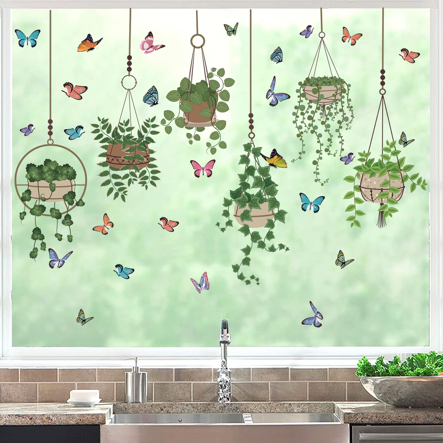 ANHUIB Grüne Pflanzen Wandsticker, Topfpflanze Wandaufkleber, Selbstklebend, Wandaufkleber Wohnzimmer, Schmetterling Aufkleber für Fenster, Fensterbilder Pflanzen Hängend