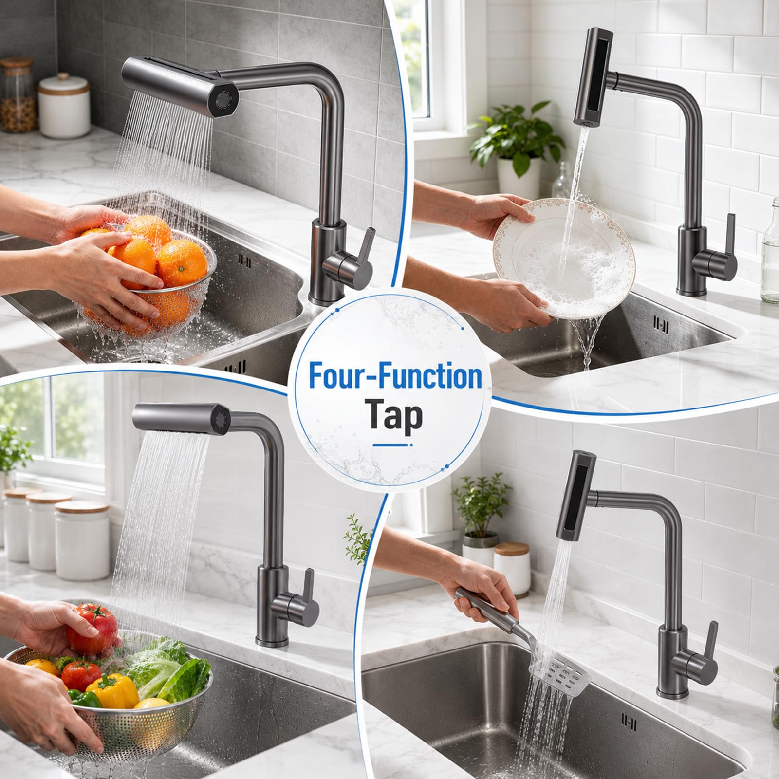 Grifo de cocina extraíble, grifo de cocina con ducha extraíble de 4 modos, caño giratorio 360°, cabezal de ducha extraíble, mezclador de alta presión de acero inoxidable 304 para agua fría y caliente